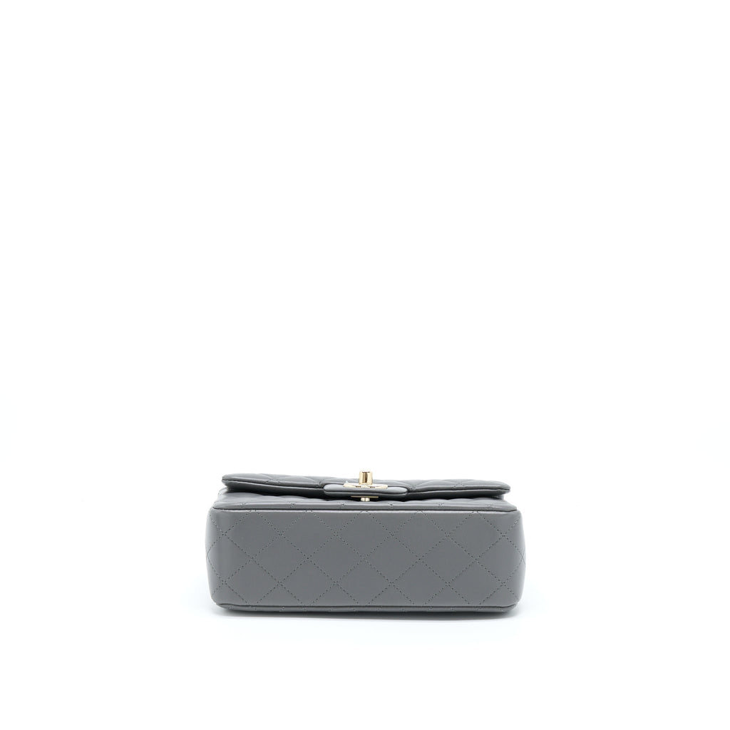 CHANEL 22A TOP HANDLE MINI RECTANGULAR FLAP BAG LAMBSKIN GREY LGHW (MICROCHIP)
