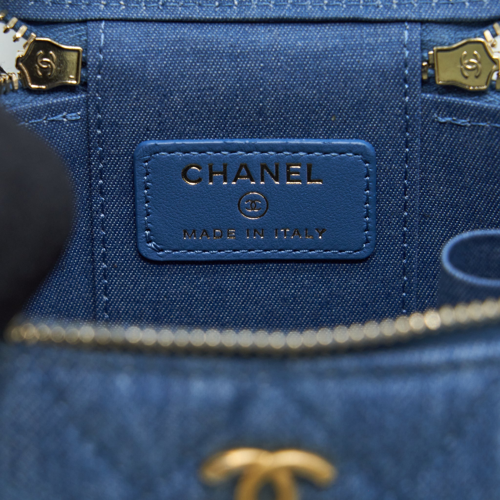 CHANEL 22C PEARL CRUSH MINI VANITY WITH CHAIN DENIM BLUE GHW