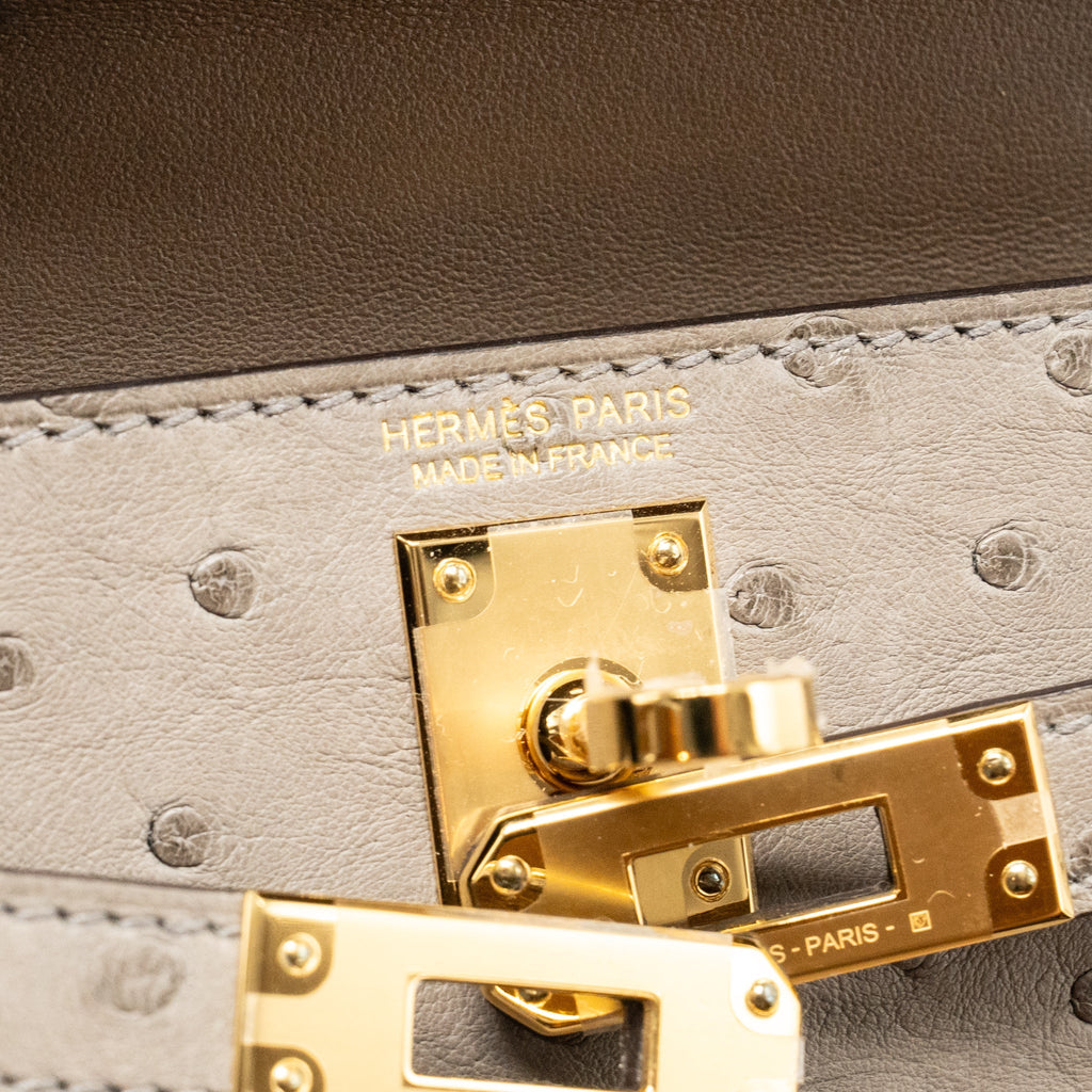 HERMES MINI KELLY II OSTRICH GRIS TOURTERELLE GHW