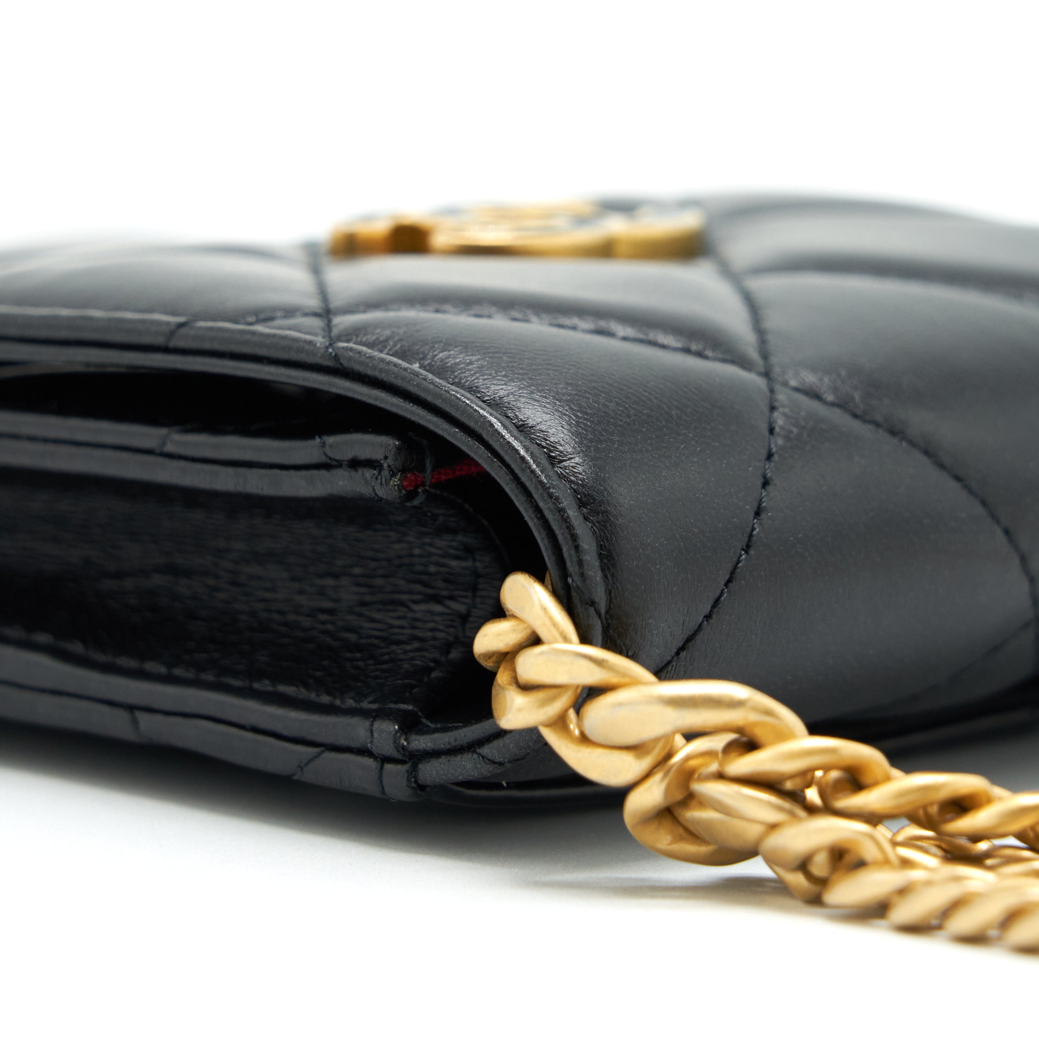 CHANEL 22P VERTICAL MINI FLAP PHONE CASE LAMBSKIN BLACK WITH ENAMEL AND GOLD HARDWARE