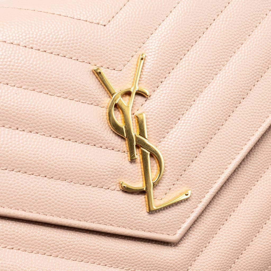 SAINT LAURENT/YSL MATELASSE CHAIN WALLET GRAINED CALFSKIN PALE BLUSH GHW