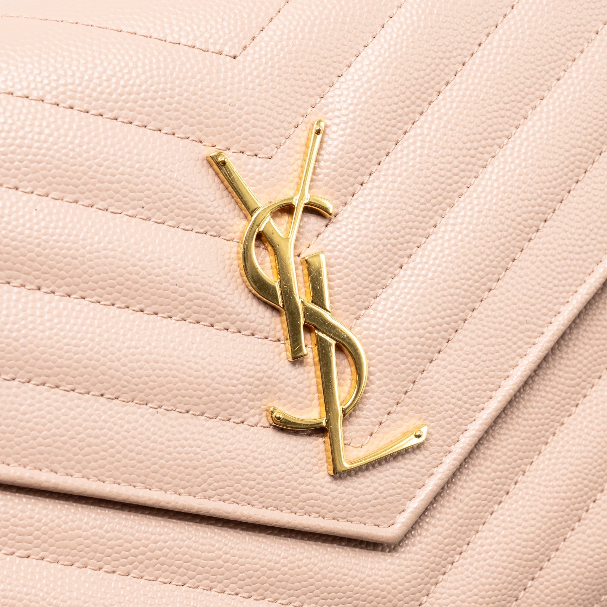 SAINT LAURENT/YSL MATELASSE CHAIN WALLET GRAINED CALFSKIN PALE BLUSH GHW