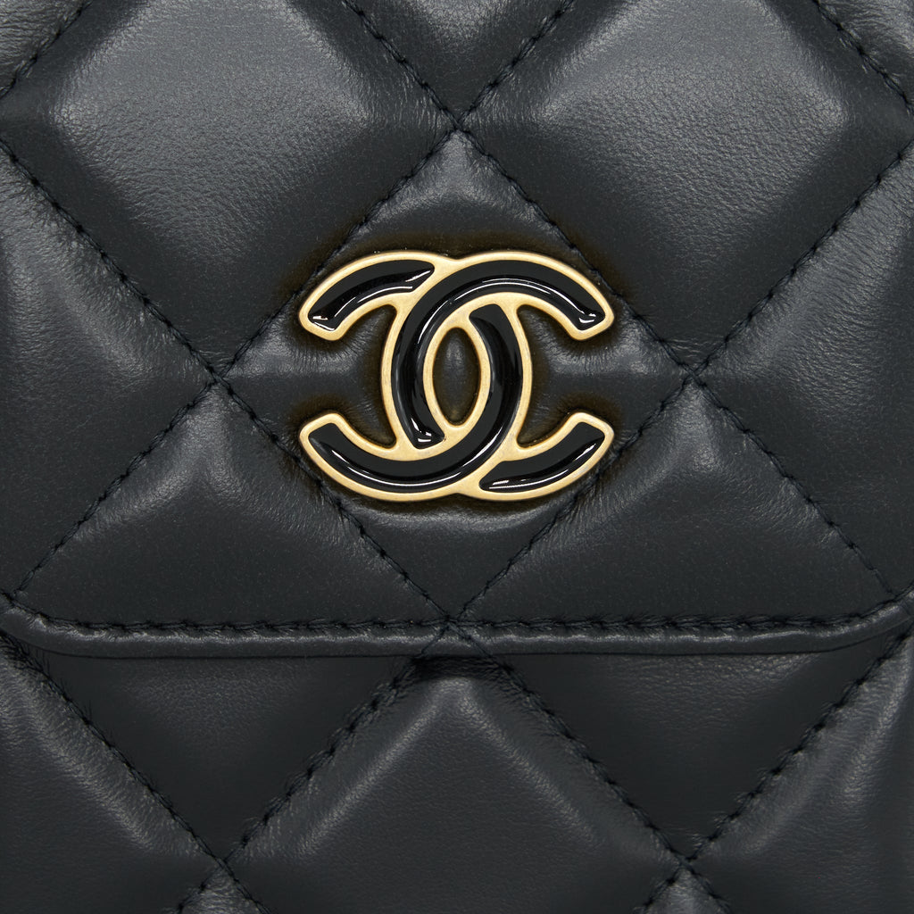 CHANEL 22P VERTICAL MINI FLAP PHONE CASE LAMBSKIN BLACK WITH ENAMEL AND GOLD HARDWARE