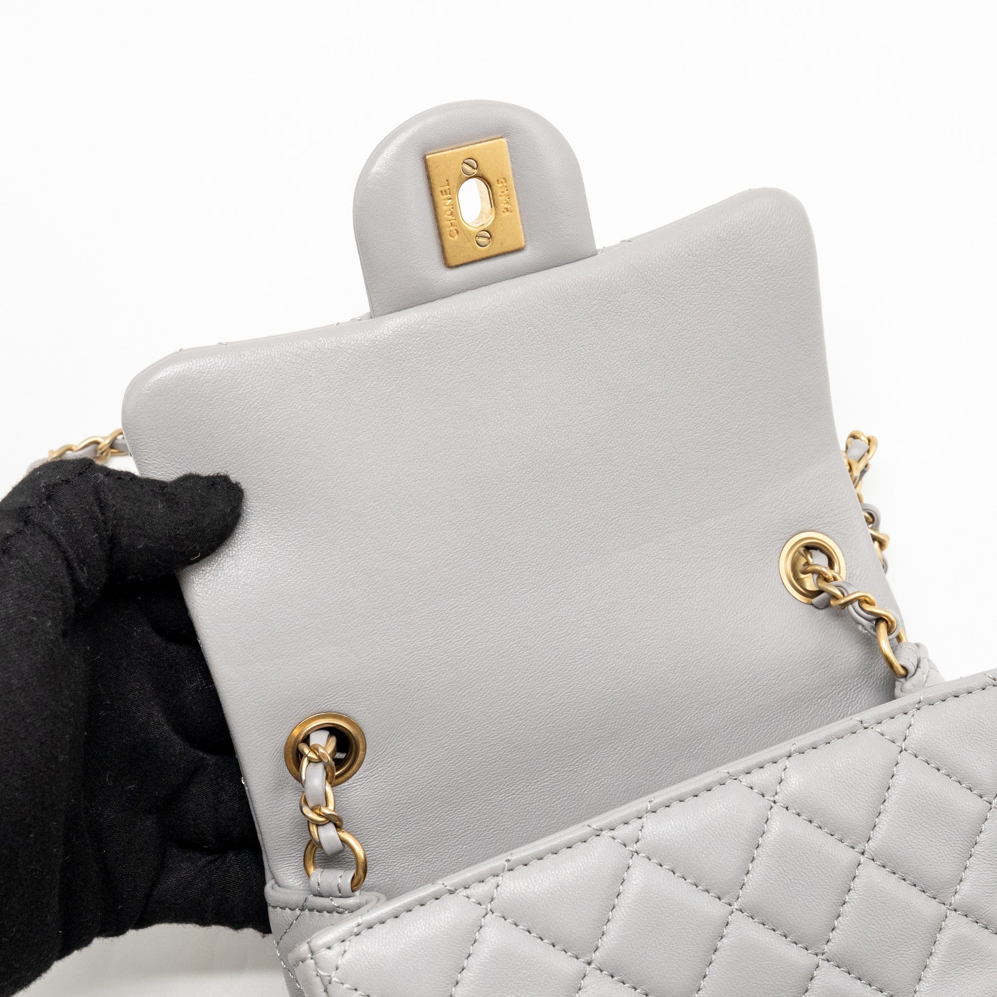 CHANEL PEARL CRUSH MINI SQUARE FLAP BAG LAMBSKIN GREY GHW (MICROCHIP)
