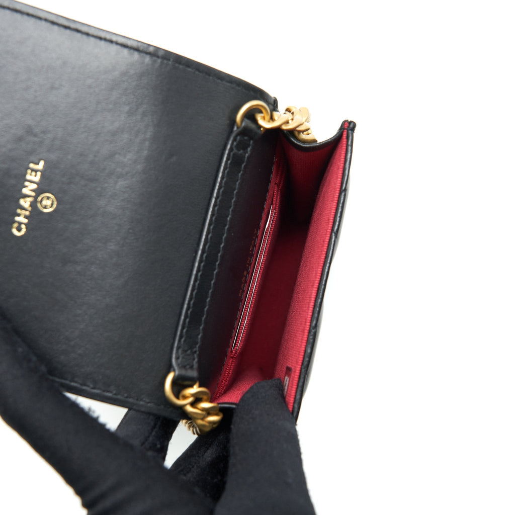 CHANEL 22P VERTICAL MINI FLAP PHONE CASE LAMBSKIN BLACK WITH ENAMEL AND GOLD HARDWARE