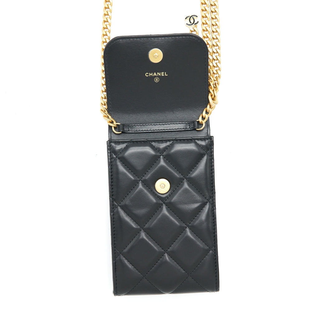 CHANEL 22P VERTICAL MINI FLAP PHONE CASE LAMBSKIN BLACK WITH ENAMEL AND GOLD HARDWARE