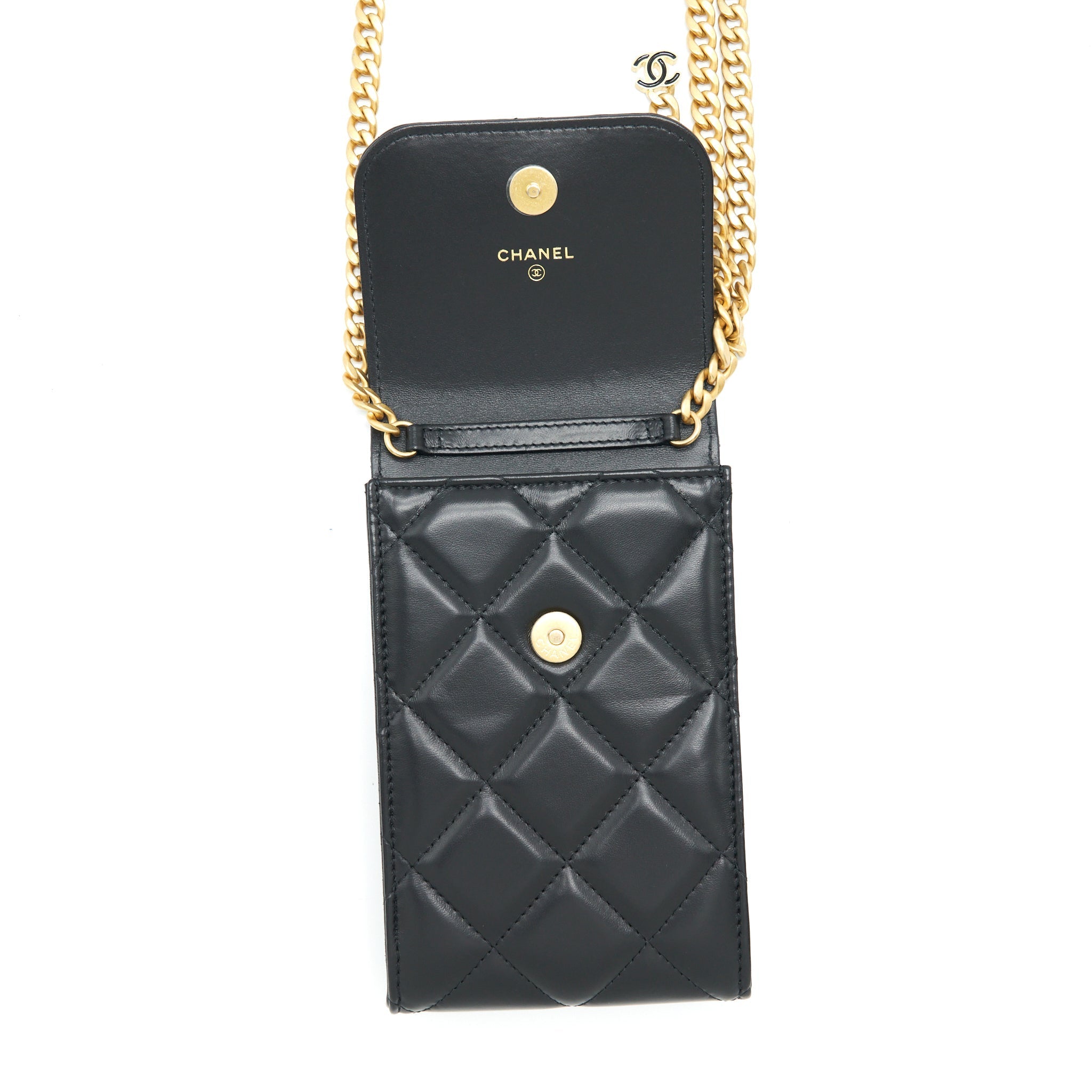 CHANEL 22P VERTICAL MINI FLAP PHONE CASE LAMBSKIN BLACK WITH ENAMEL AND GOLD HARDWARE