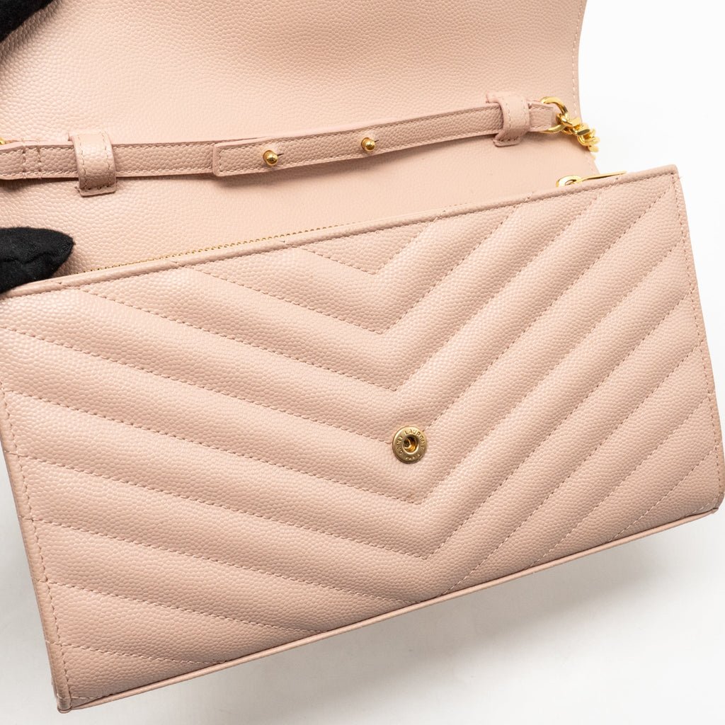 SAINT LAURENT/YSL MATELASSE CHAIN WALLET GRAINED CALFSKIN PALE BLUSH GHW