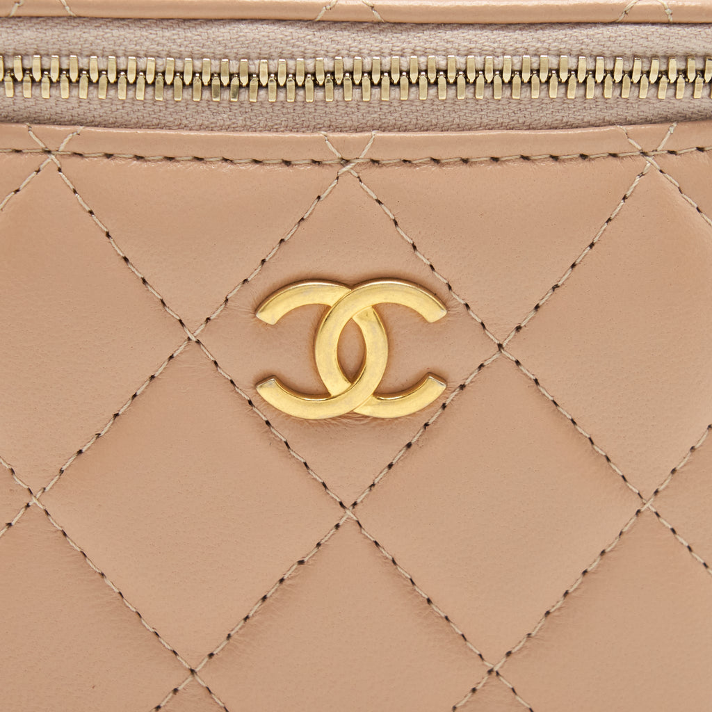 CHANEL TOP HANDLE MINI VANITY ON CHAIN LAMBSKIN BEIGE GHW