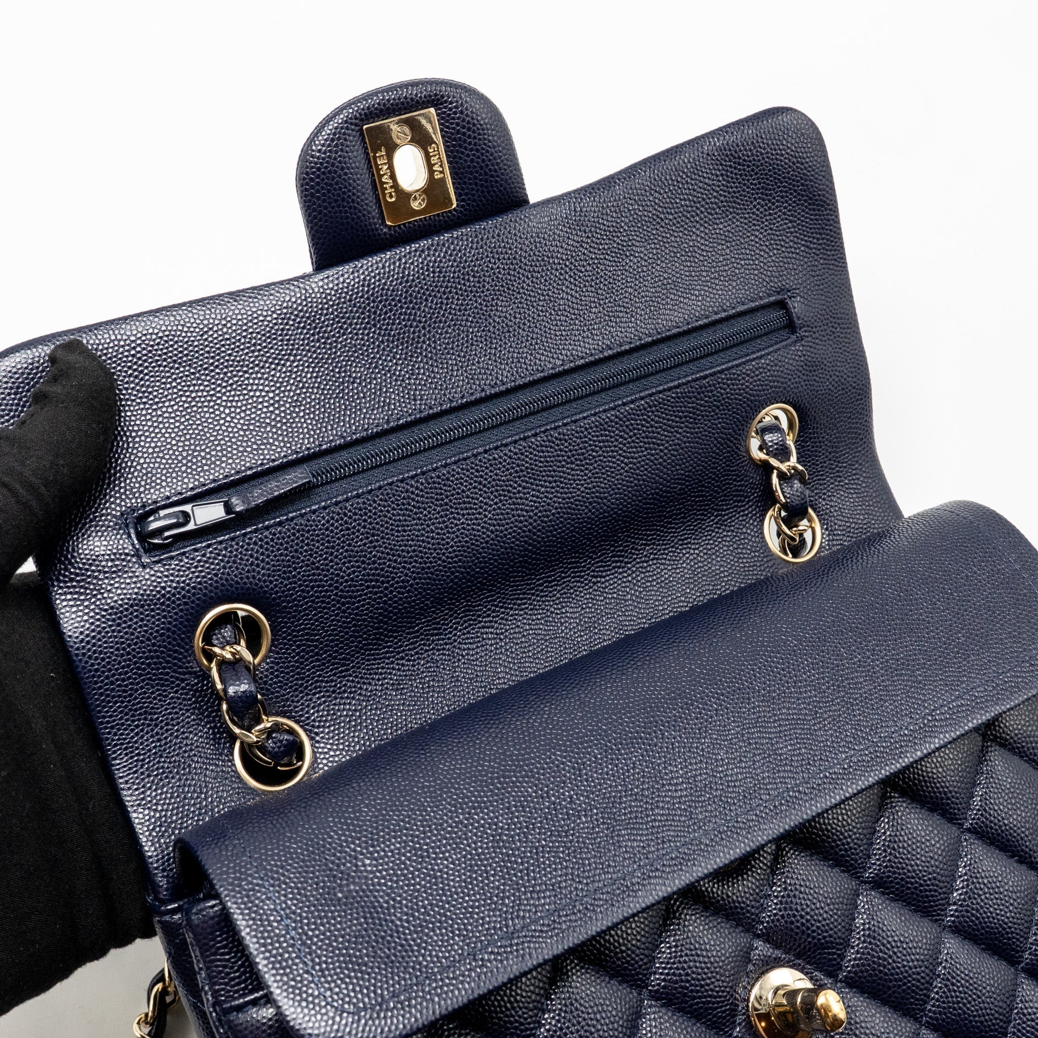 CHANEL SMALL CLASSIC DOUBLE FLAP BAG CAVIAR NAVY GHW (MICROCHIP)