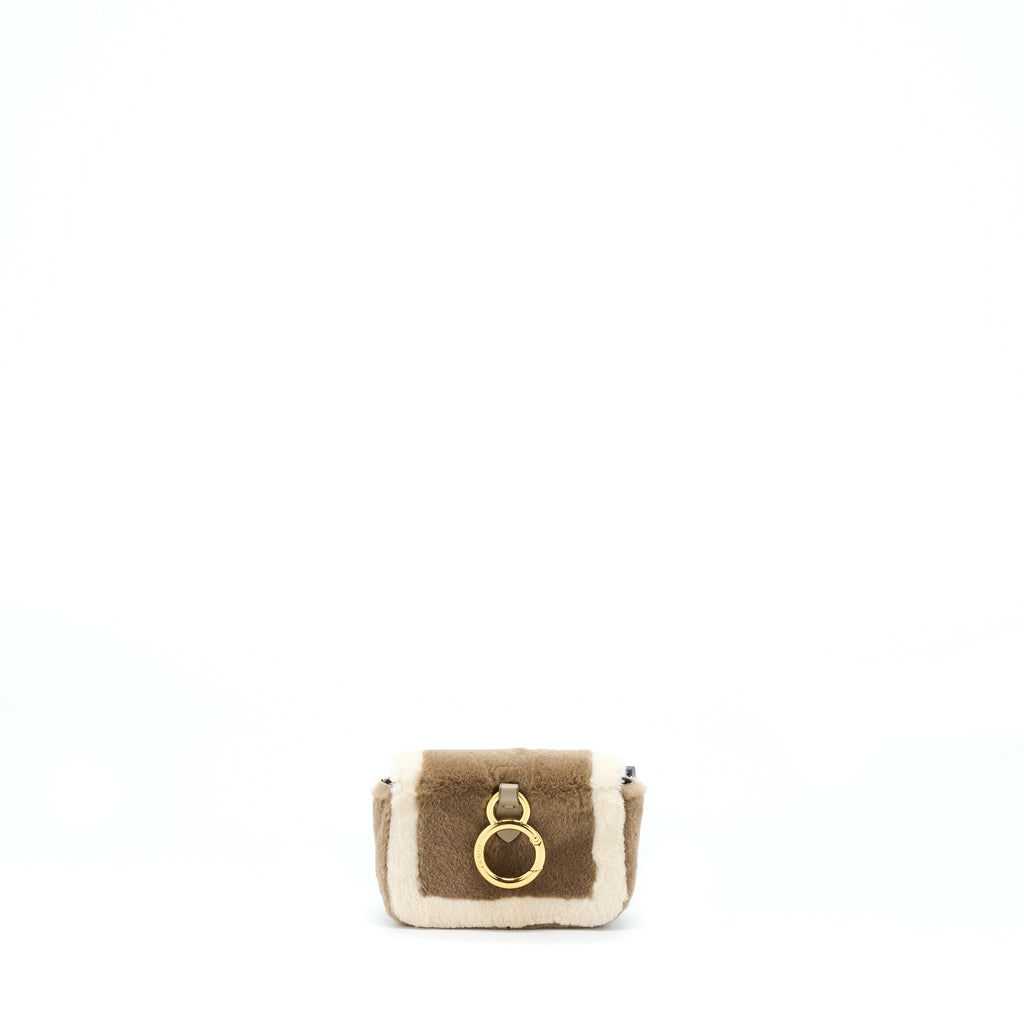 FENDI NANO BAGUETTE CHARM BAG WITH CHAIN BROWN/ CREAM GHW