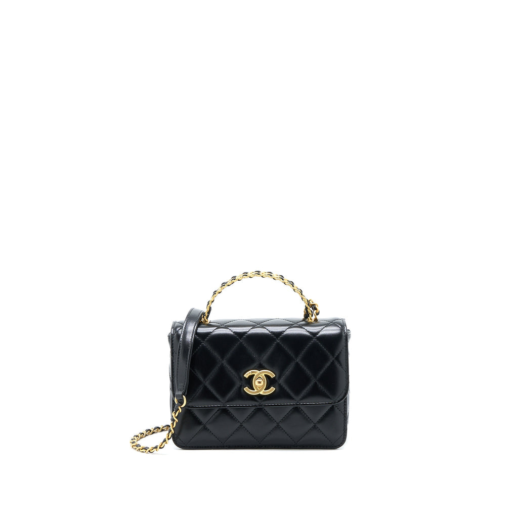 CHANEL 23P FLAP BAG WITH TOP HANDLE SHINY CALFSKIN BLACK GHW (MICROCHIP)