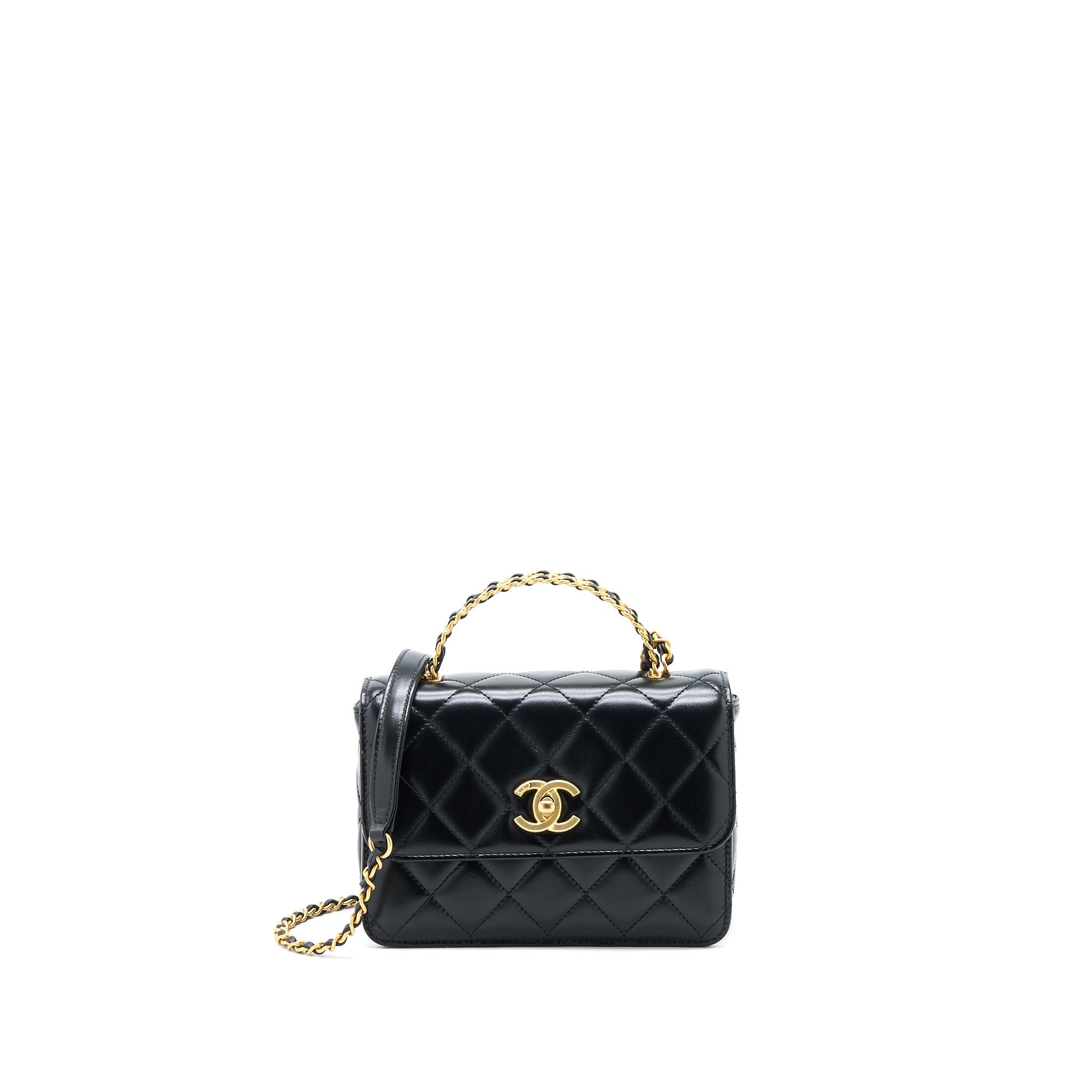 CHANEL 23P FLAP BAG WITH TOP HANDLE SHINY CALFSKIN BLACK GHW (MICROCHIP)
