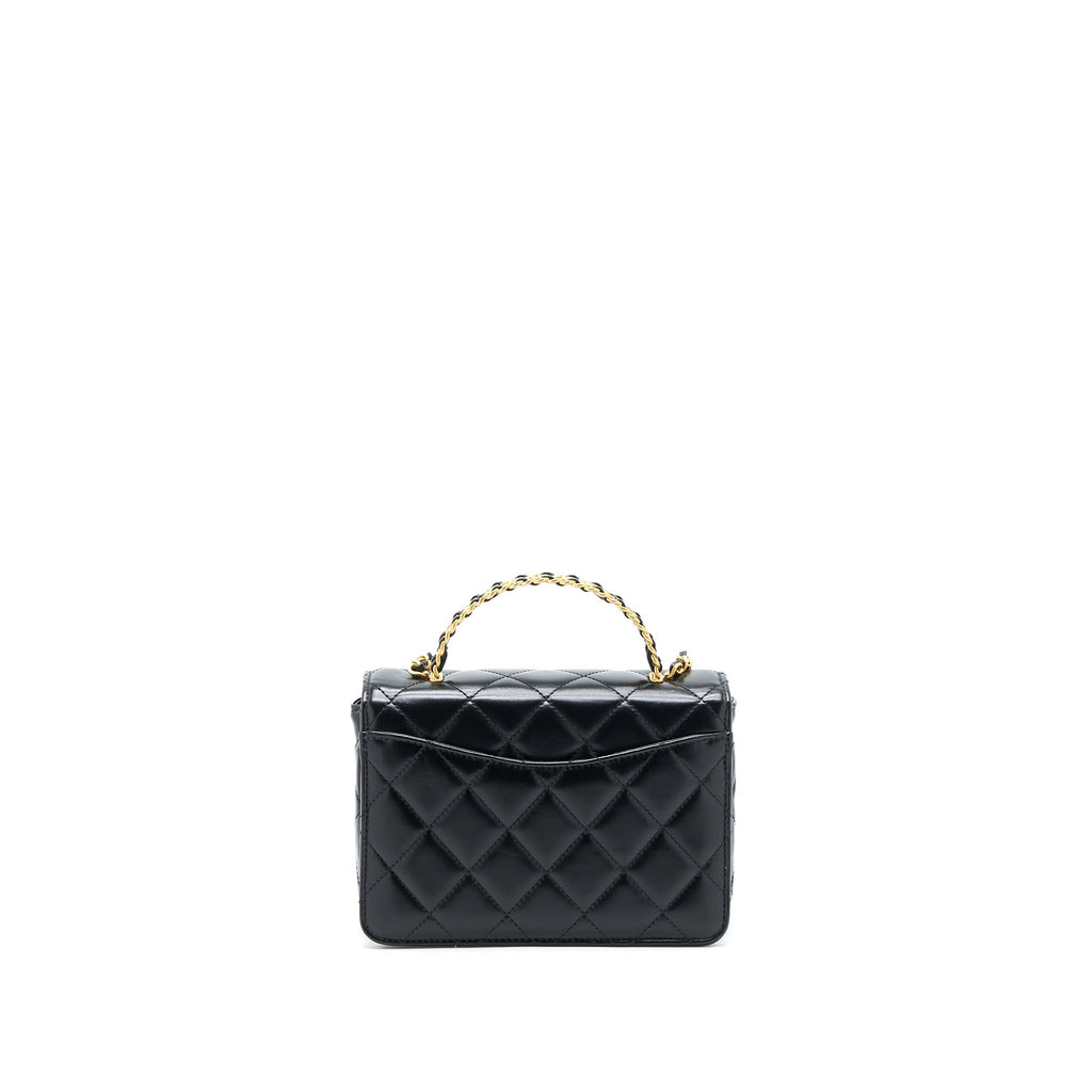 CHANEL 23P FLAP BAG WITH TOP HANDLE SHINY CALFSKIN BLACK GHW (MICROCHIP)