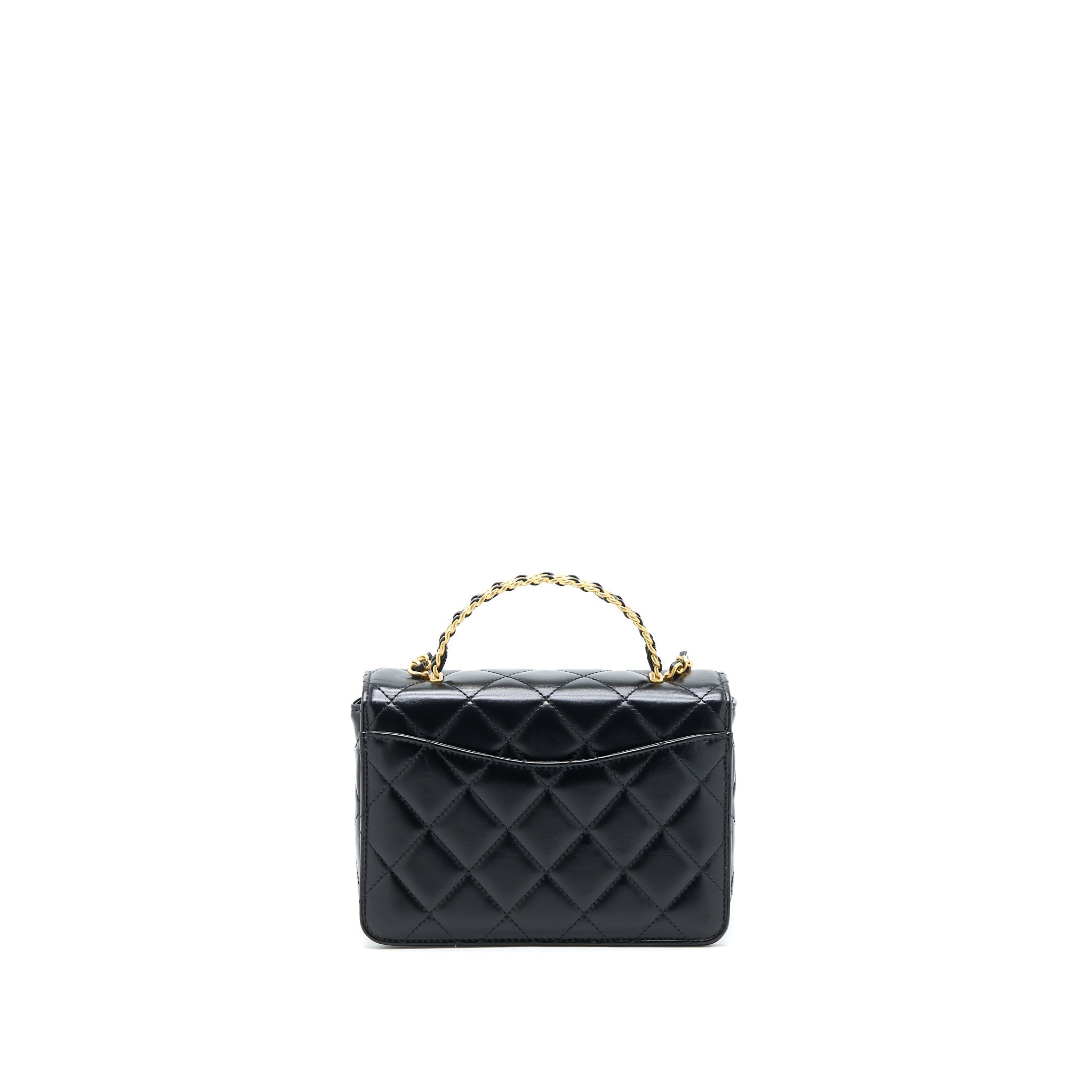 CHANEL 23P FLAP BAG WITH TOP HANDLE SHINY CALFSKIN BLACK GHW (MICROCHIP)