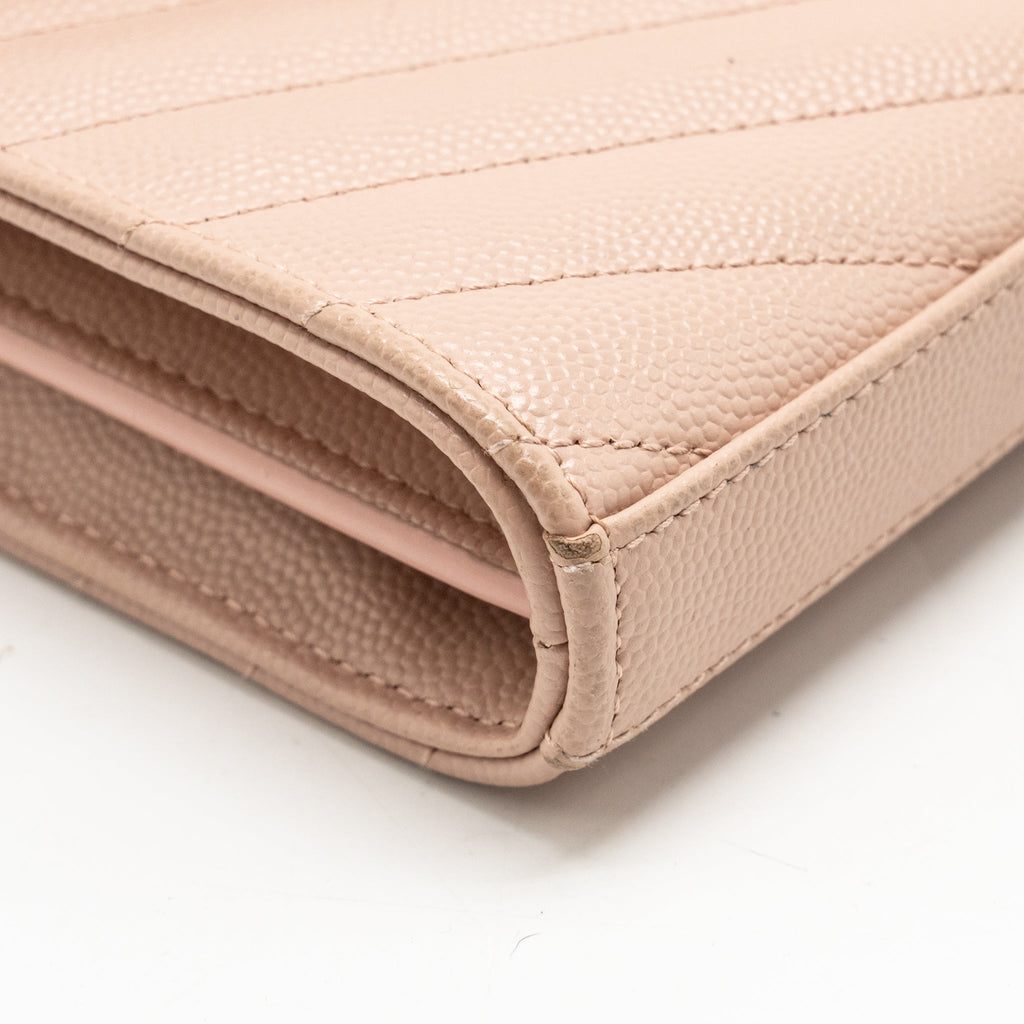 SAINT LAURENT/YSL MATELASSE CHAIN WALLET GRAINED CALFSKIN PALE BLUSH GHW