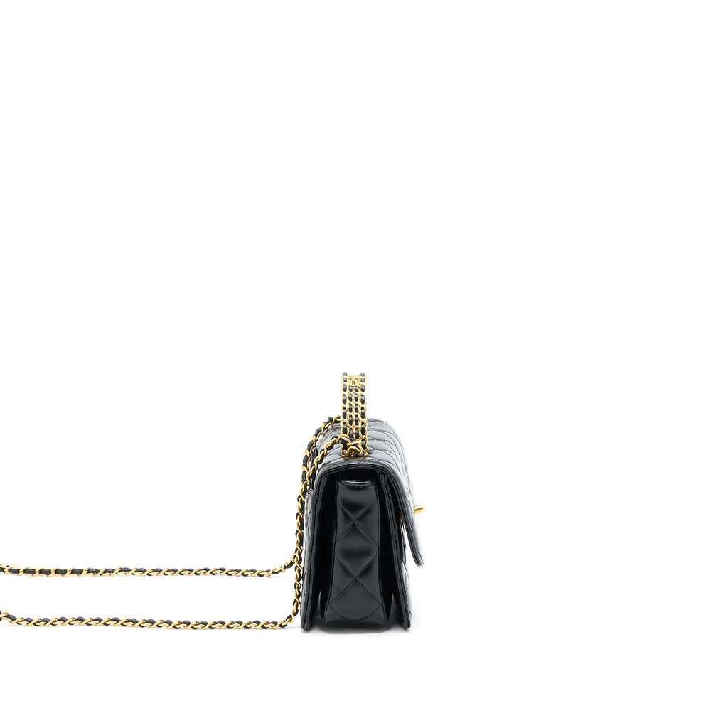 CHANEL 23P FLAP BAG WITH TOP HANDLE SHINY CALFSKIN BLACK GHW (MICROCHIP)