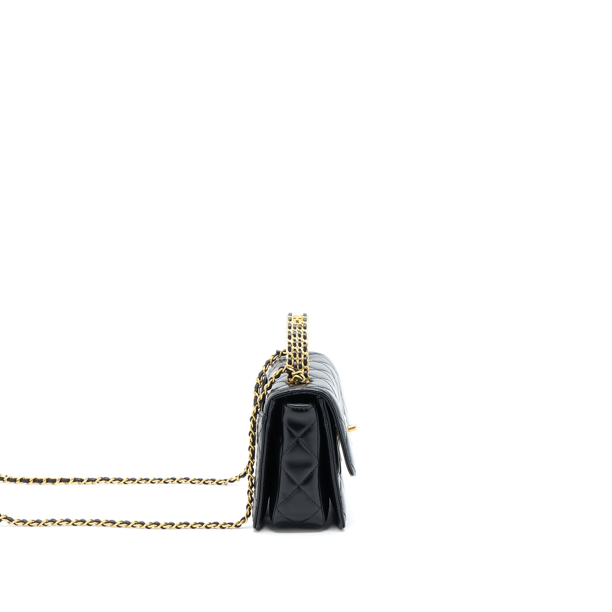 CHANEL 23P FLAP BAG WITH TOP HANDLE SHINY CALFSKIN BLACK GHW (MICROCHIP)