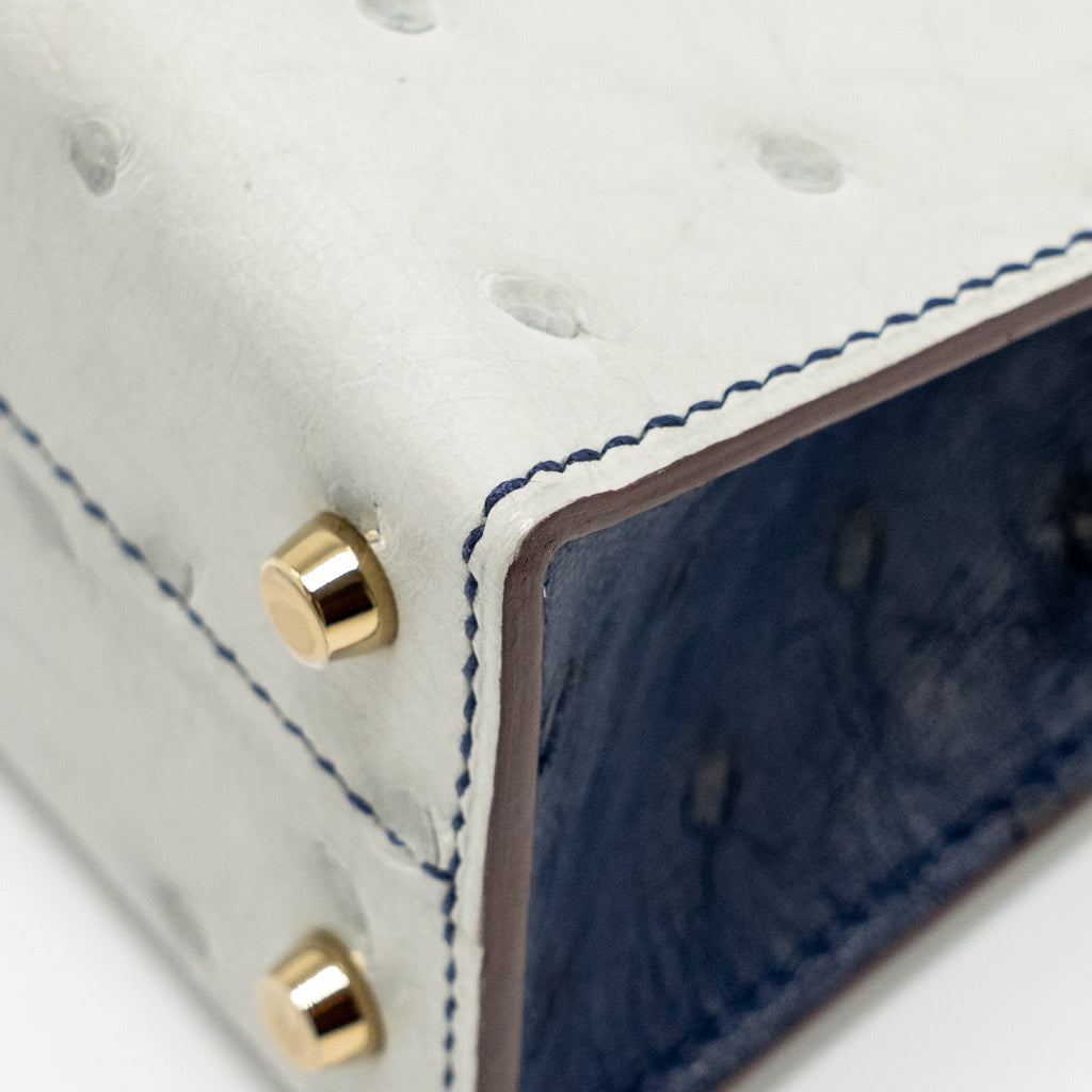 HERMES MINI KELLY SPECIAL ORDER OSTRICH GRIS PERLE/BLUE IRIS LGHW