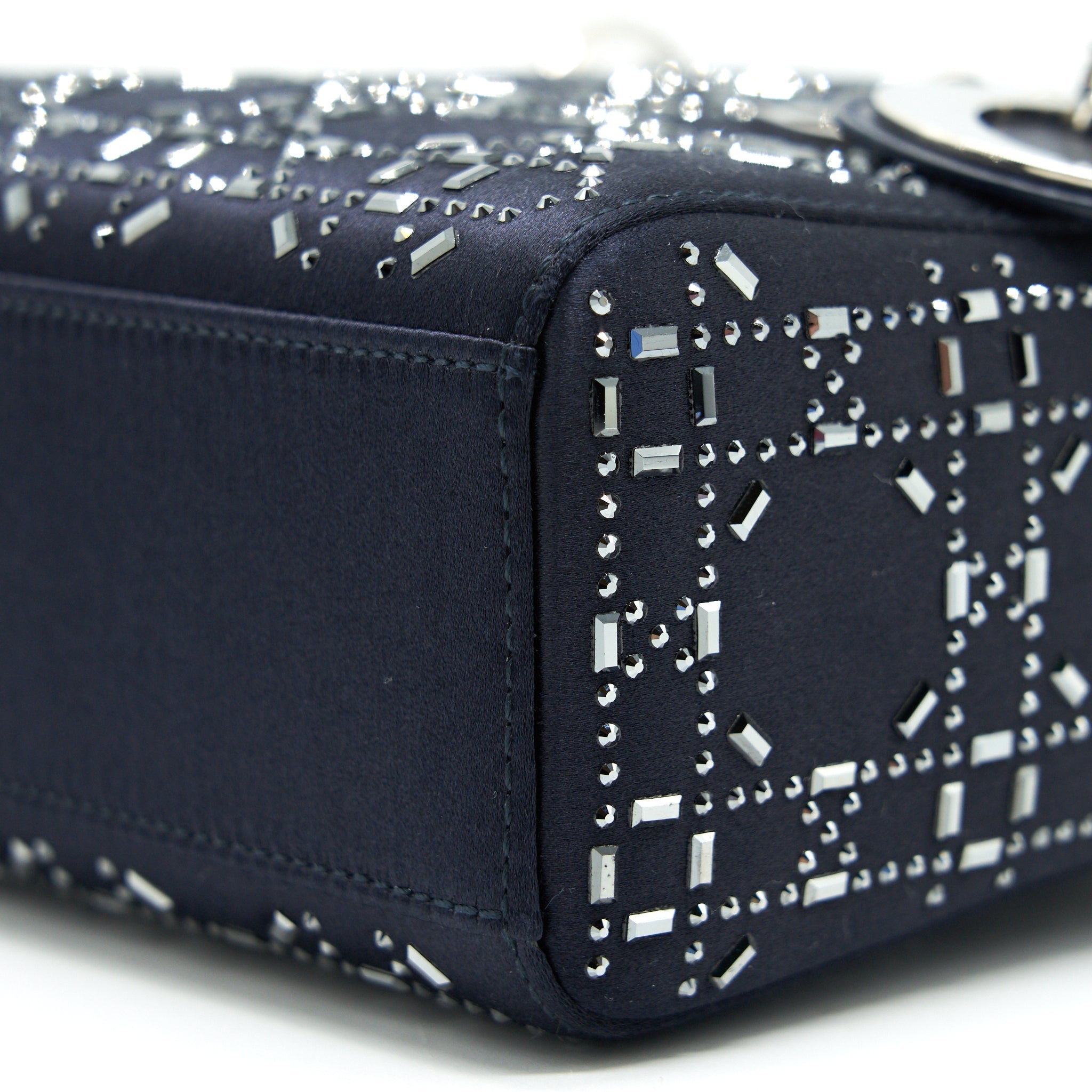CHRISTIAN DIOR SATIN CRYSTAL CANNAGE MINI LADY DIOR IN NAVY