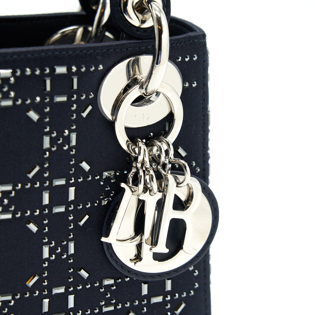 CHRISTIAN DIOR SATIN CRYSTAL CANNAGE MINI LADY DIOR IN NAVY