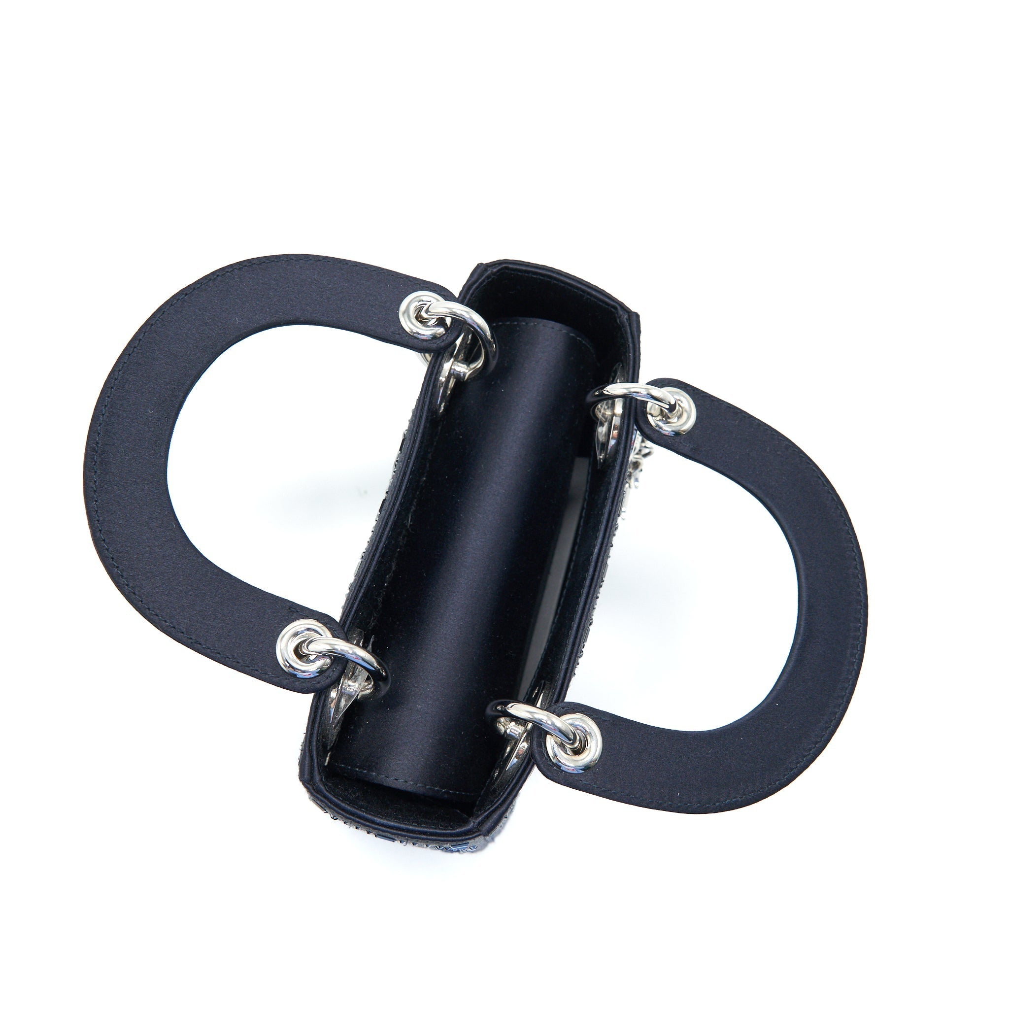 CHRISTIAN DIOR SATIN CRYSTAL CANNAGE MINI LADY DIOR IN NAVY