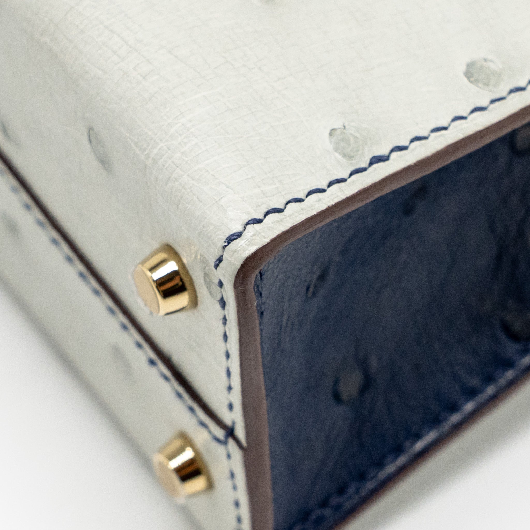 HERMES MINI KELLY SPECIAL ORDER OSTRICH GRIS PERLE/BLUE IRIS LGHW
