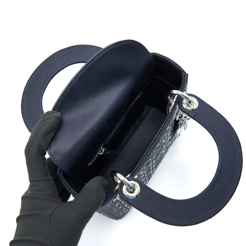 CHRISTIAN DIOR SATIN CRYSTAL CANNAGE MINI LADY DIOR IN NAVY