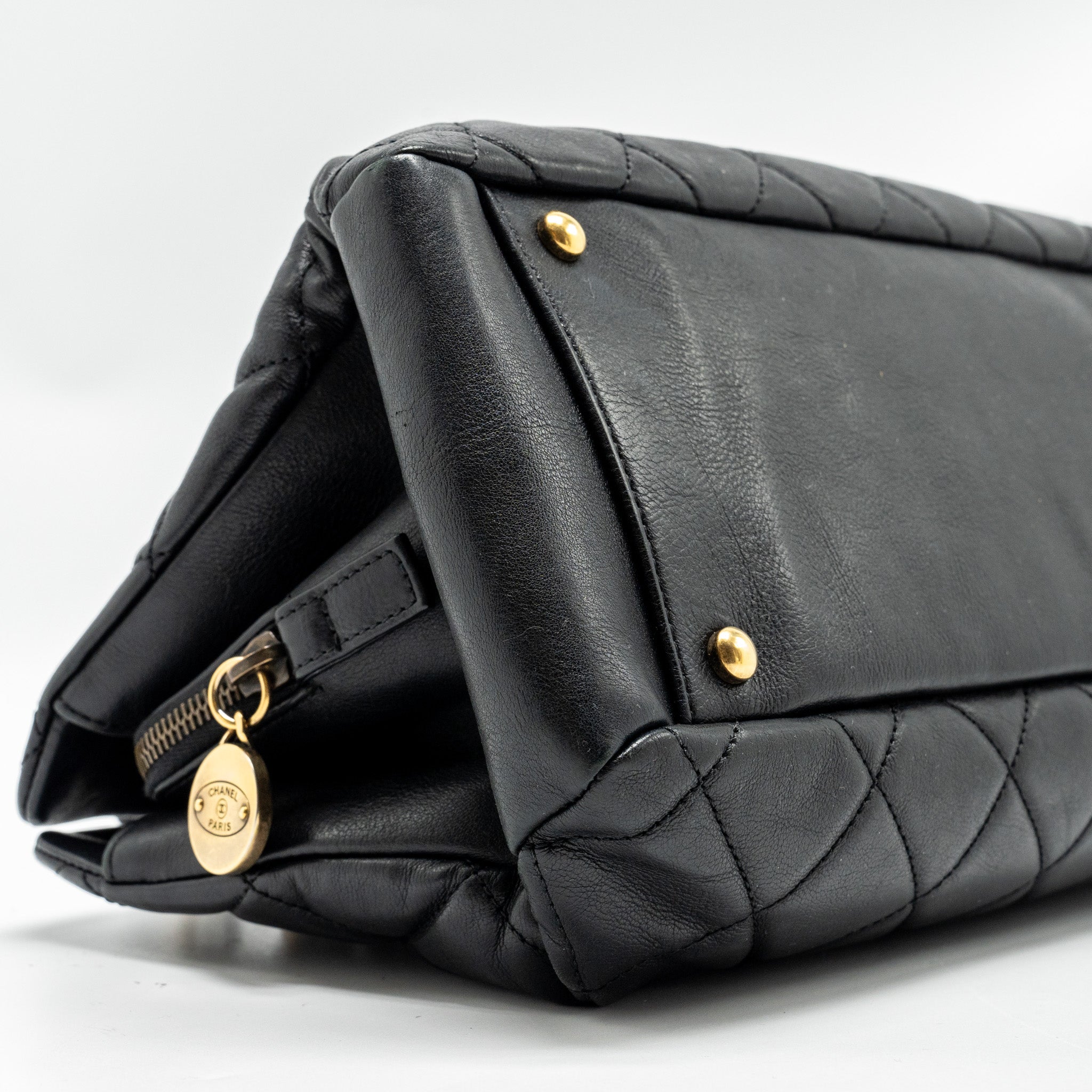 CHANEL SMALL QUILTED CC CROWN TOTE BAG CALFSKIN BLACK BRUSHED GHW