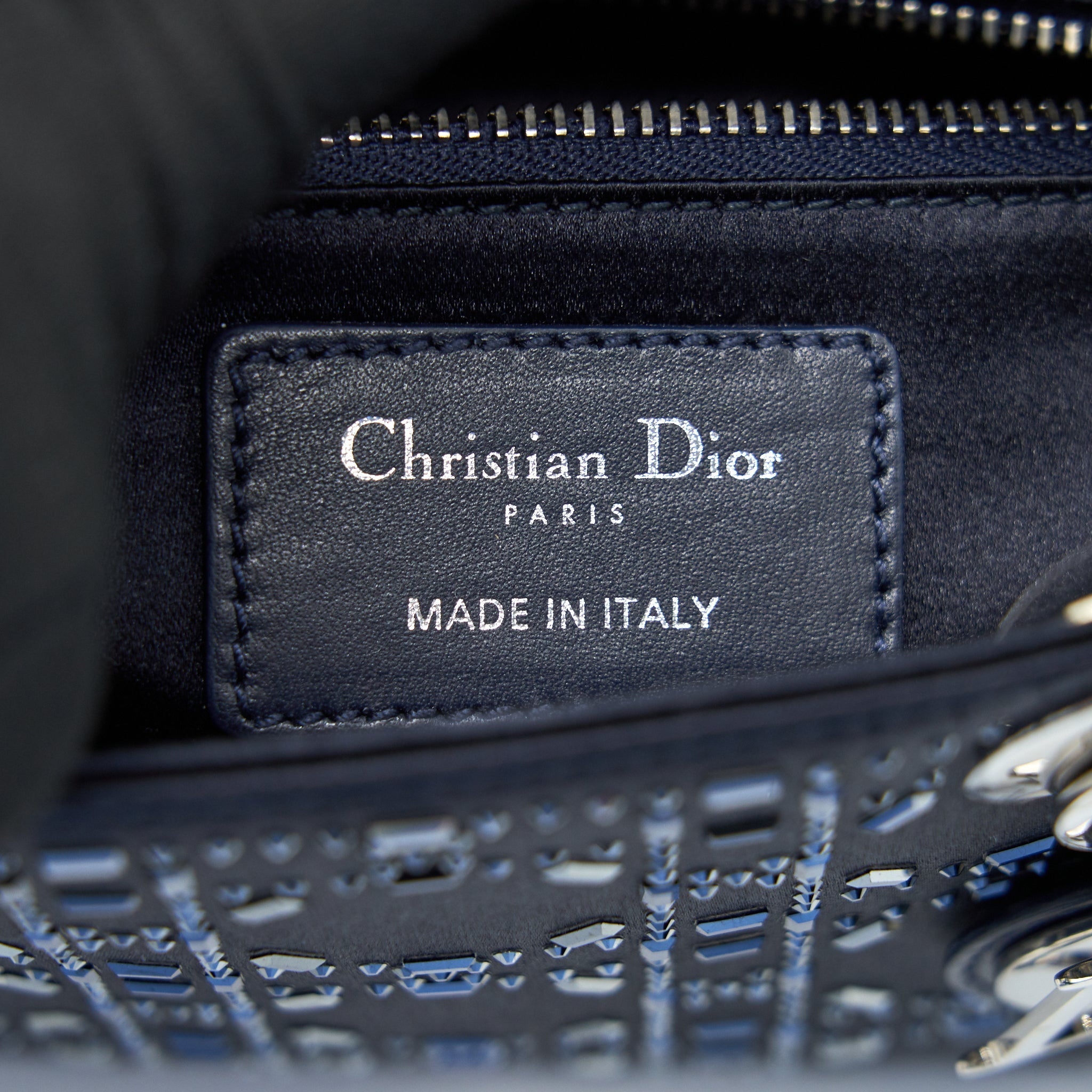 CHRISTIAN DIOR SATIN CRYSTAL CANNAGE MINI LADY DIOR IN NAVY