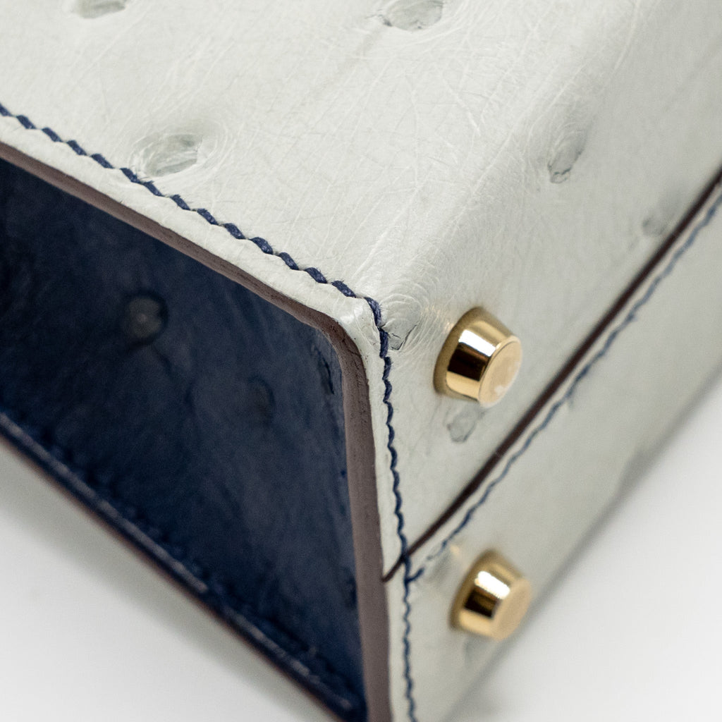 HERMES MINI KELLY SPECIAL ORDER OSTRICH GRIS PERLE/BLUE IRIS LGHW