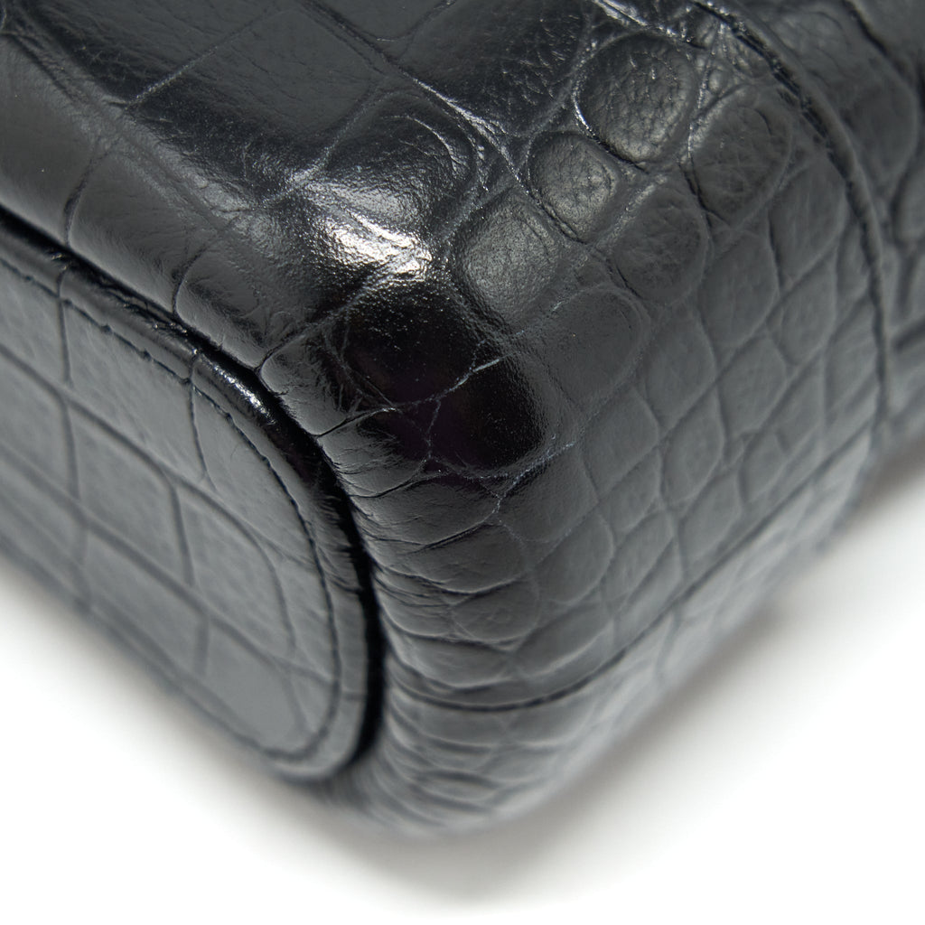 CHANEL SMALL GABRIELLE HOBO BAG WITH HANDLE CROC-EMBOSSED CALFSKIN BLACK GOLD/SILVER HARDWARE