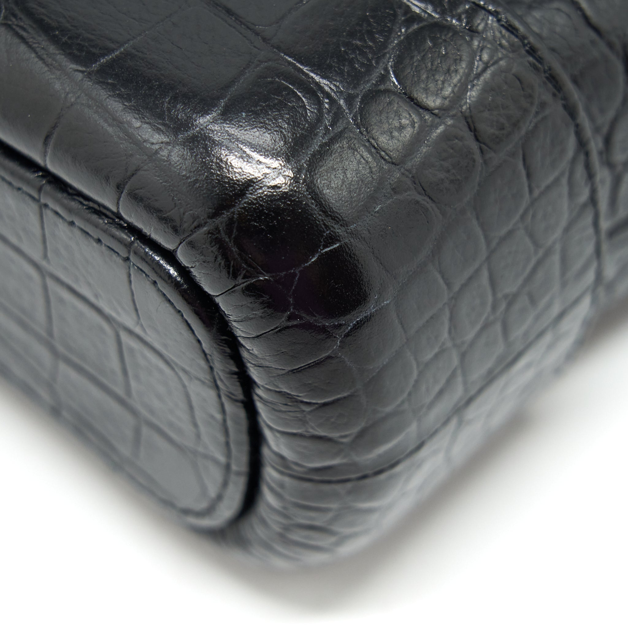 CHANEL SMALL GABRIELLE HOBO BAG WITH HANDLE CROC-EMBOSSED CALFSKIN BLACK GOLD/SILVER HARDWARE