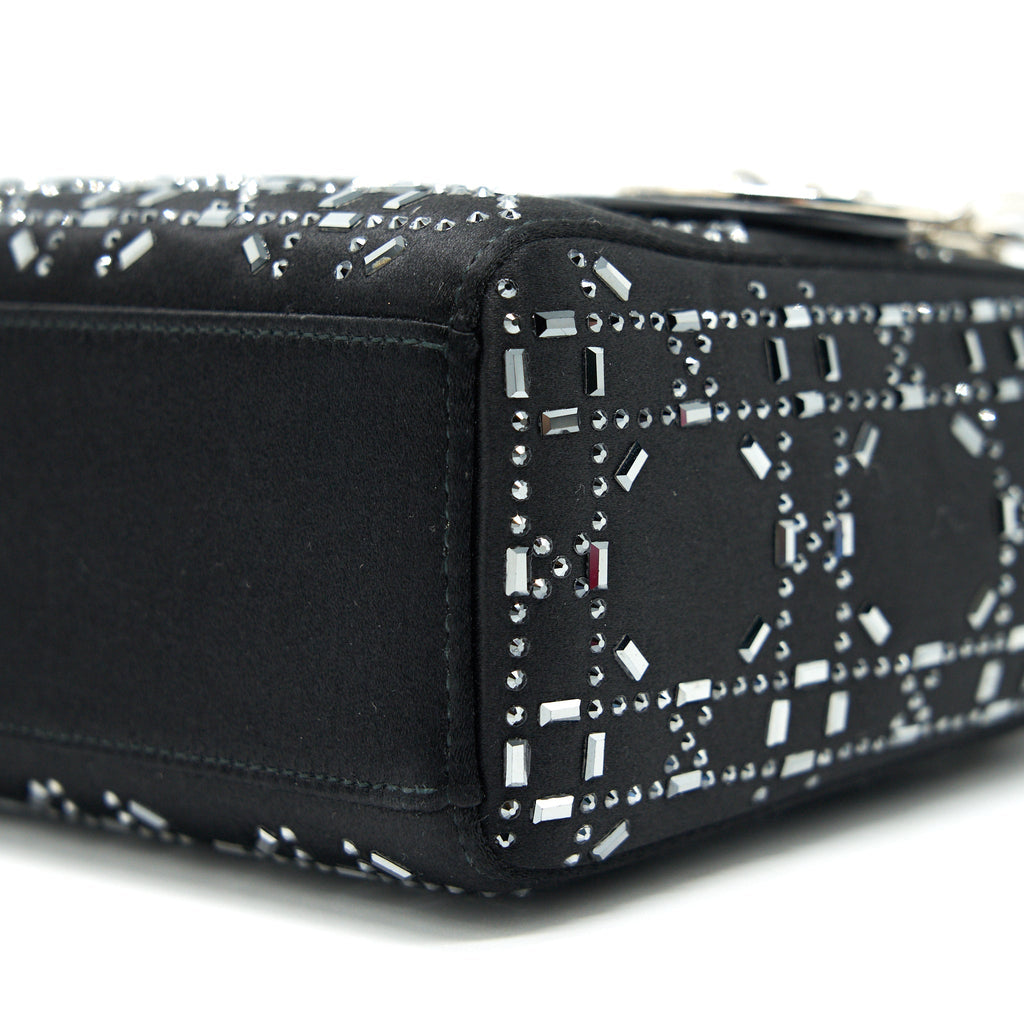CHRISTIAN DIOR SATIN CRYSTAL CANNAGE MINI LADY DIOR BLACK