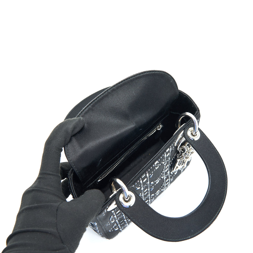 CHRISTIAN DIOR SATIN CRYSTAL CANNAGE MINI LADY DIOR BLACK