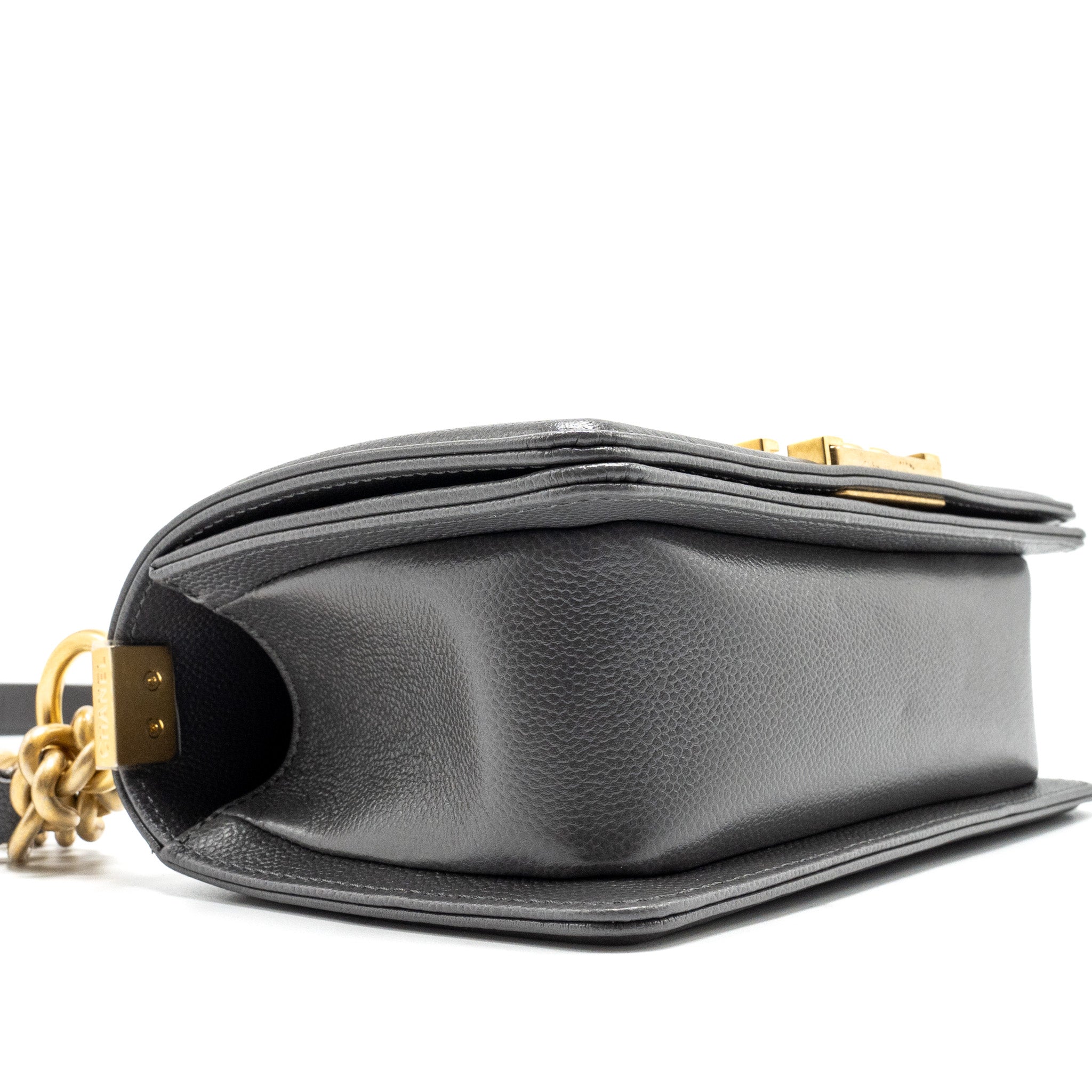CHANEL SMALL BOY BAG CAVIAR DARK GREY GHW (MICROCHIP)
