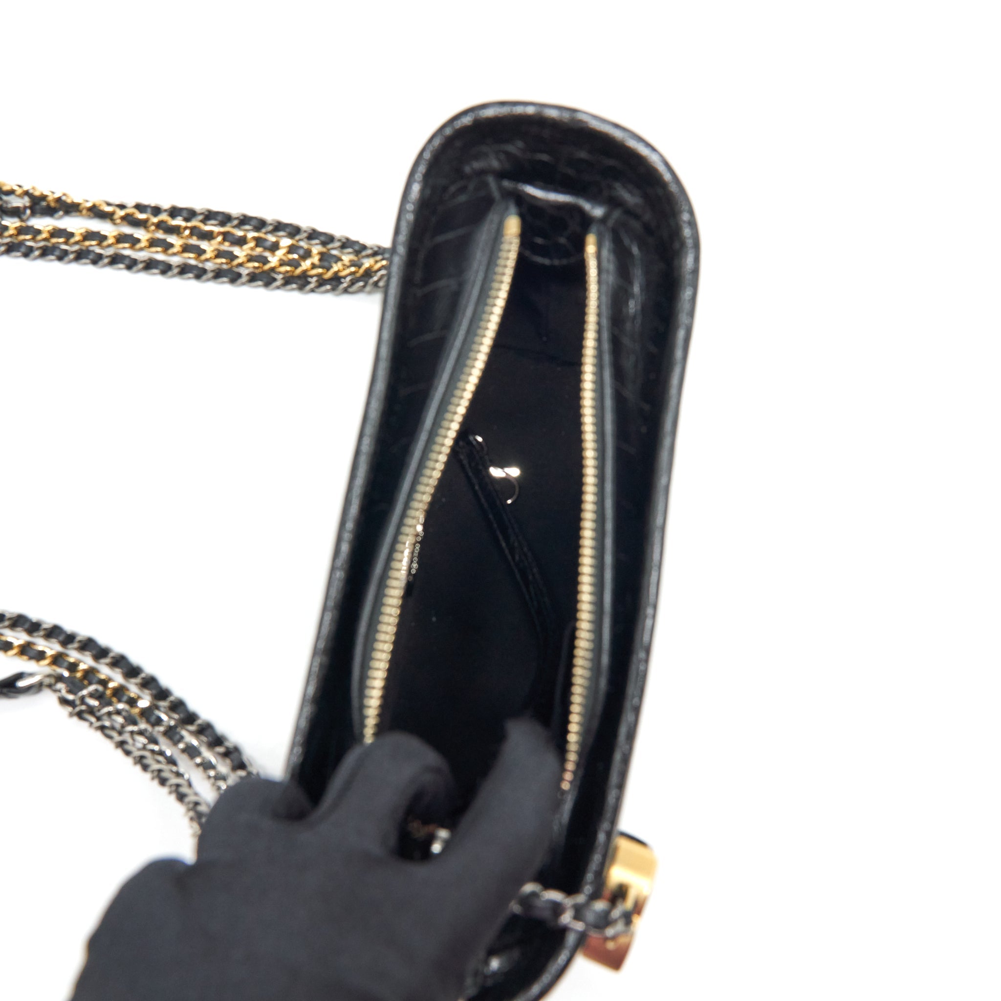 CHANEL SMALL GABRIELLE HOBO BAG WITH HANDLE CROC-EMBOSSED CALFSKIN BLACK GOLD/SILVER HARDWARE
