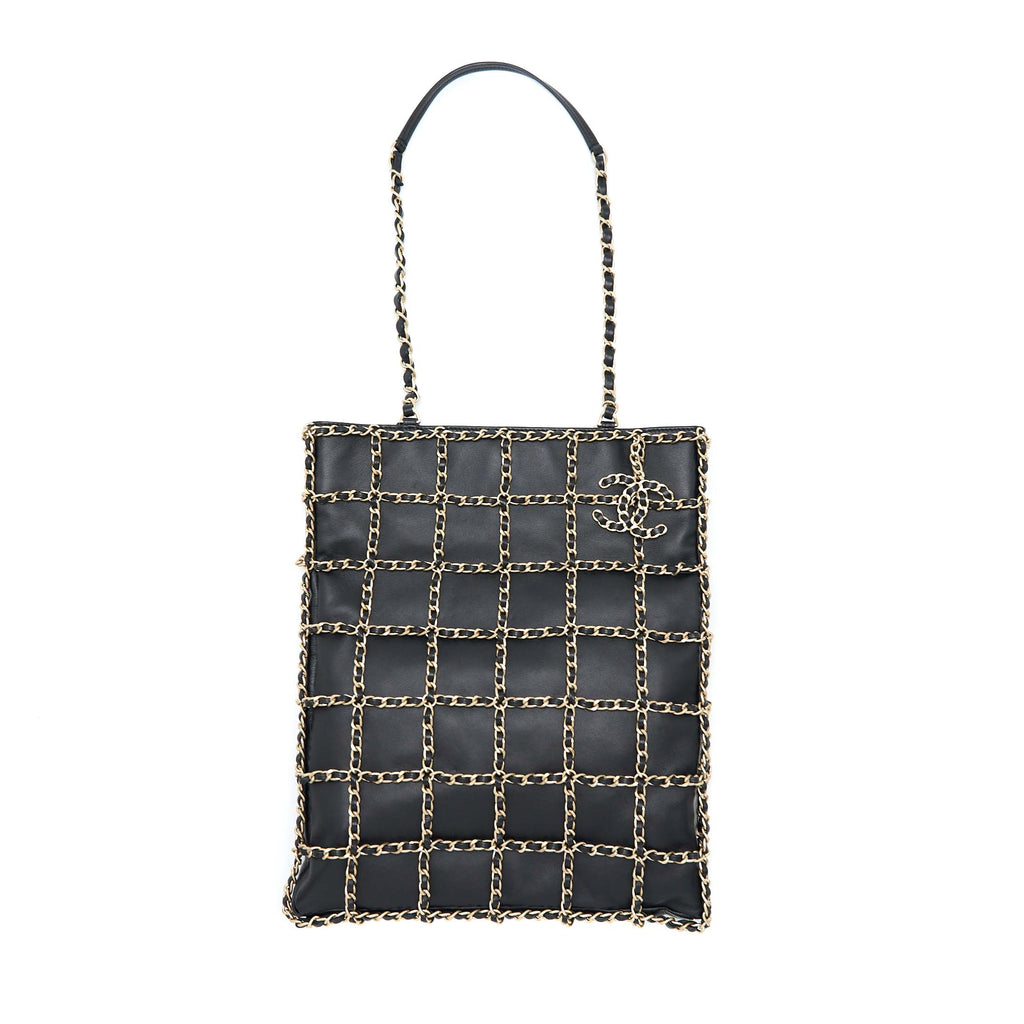 CHANEL CRUISE 2020 BLACK CHAINED TOTE BAG LAMBSKIN BLACK LGHW
