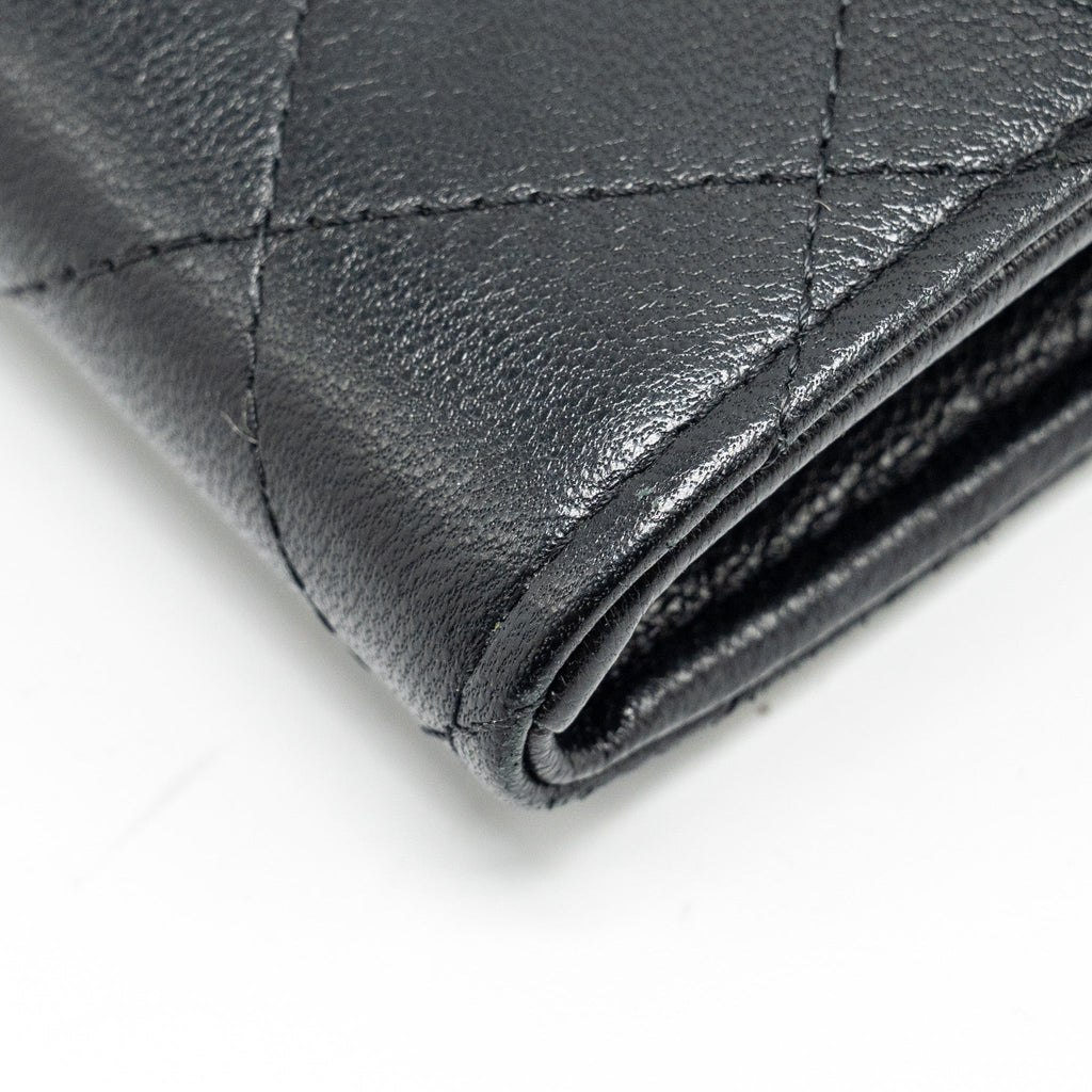 CHANEL QUILTED PEARL LONG WALLET ON CHAIN GOATSKIN BLACK GHW