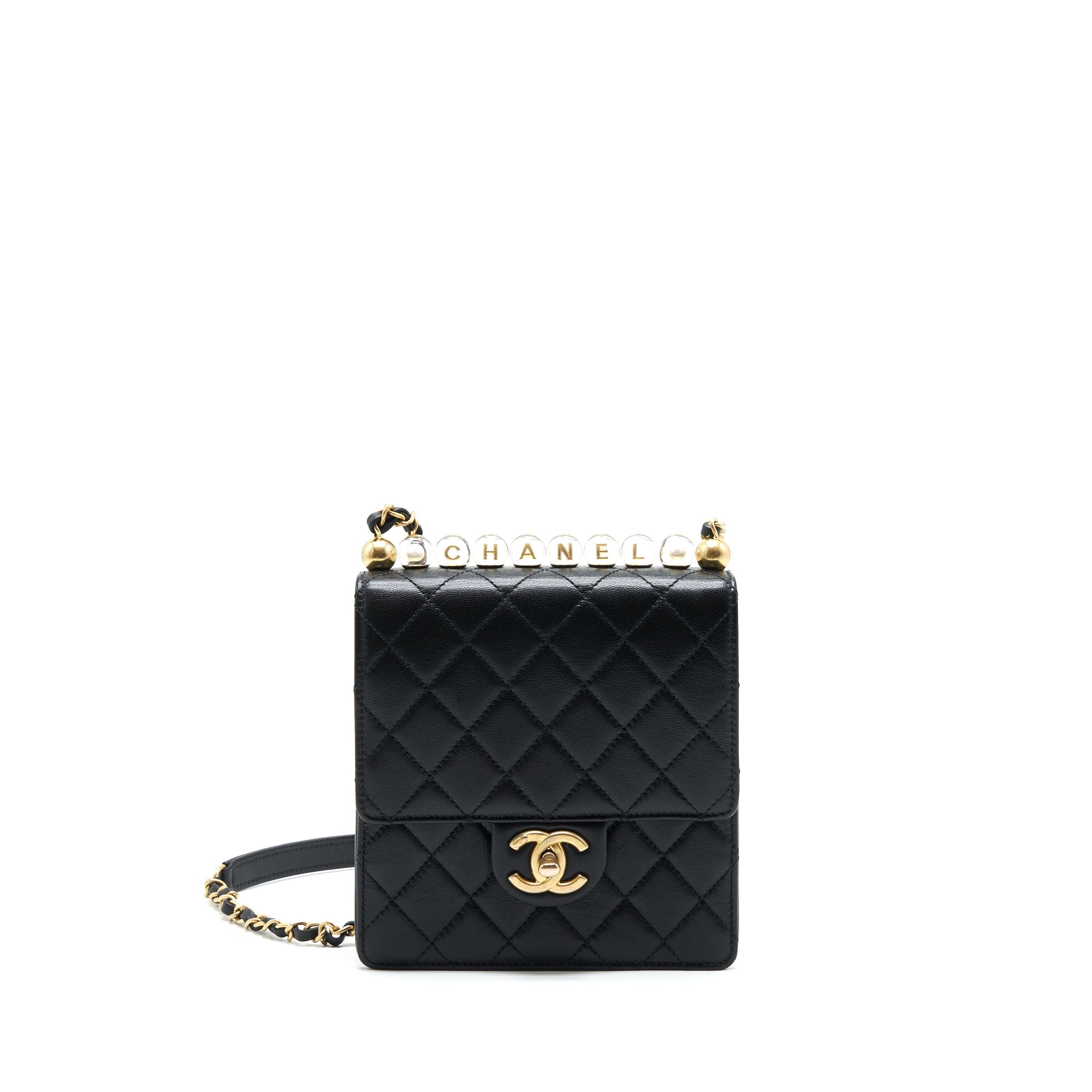 CHANEL LIMITATION PEARL FLAP BAG GOATSKIN BLACK GHW