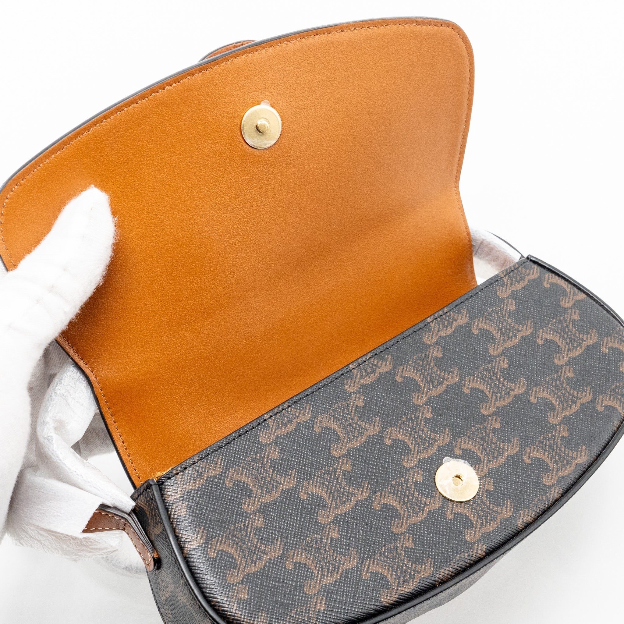 CELINE CLUTCH ON STRAP TABOU IN TRIOMPHE CANVAS / CALFSKIN TAN GHW