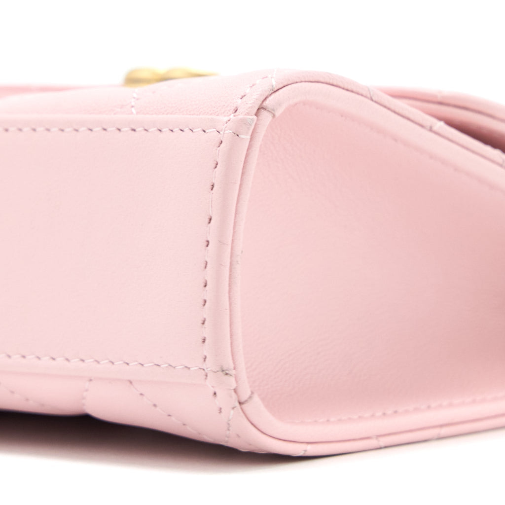 CHANEL 22B MINI FLAP BAG WITH ENAMEL TOP HANDLE LAMBSKIN PINK BRUSHED GHW