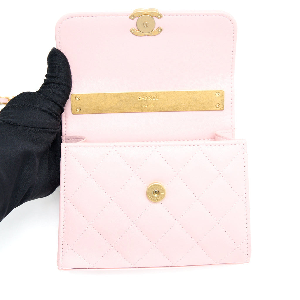 CHANEL 22B MINI FLAP BAG WITH ENAMEL TOP HANDLE LAMBSKIN PINK BRUSHED GHW