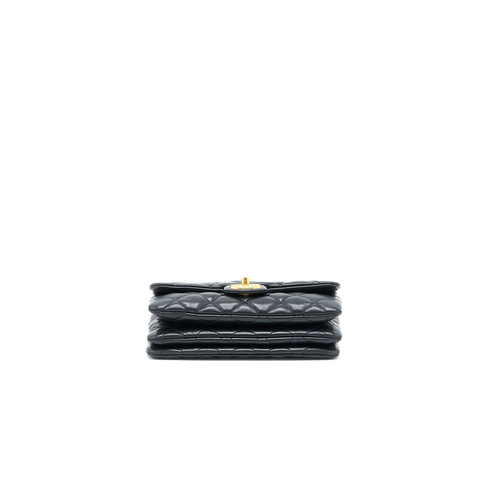CHANEL 22K GOLD PILLAR ADJUSTABLE CHAIN FLAP BAG LAMBSKIN BLACK BRUSHED GHW (MICROCHIP)