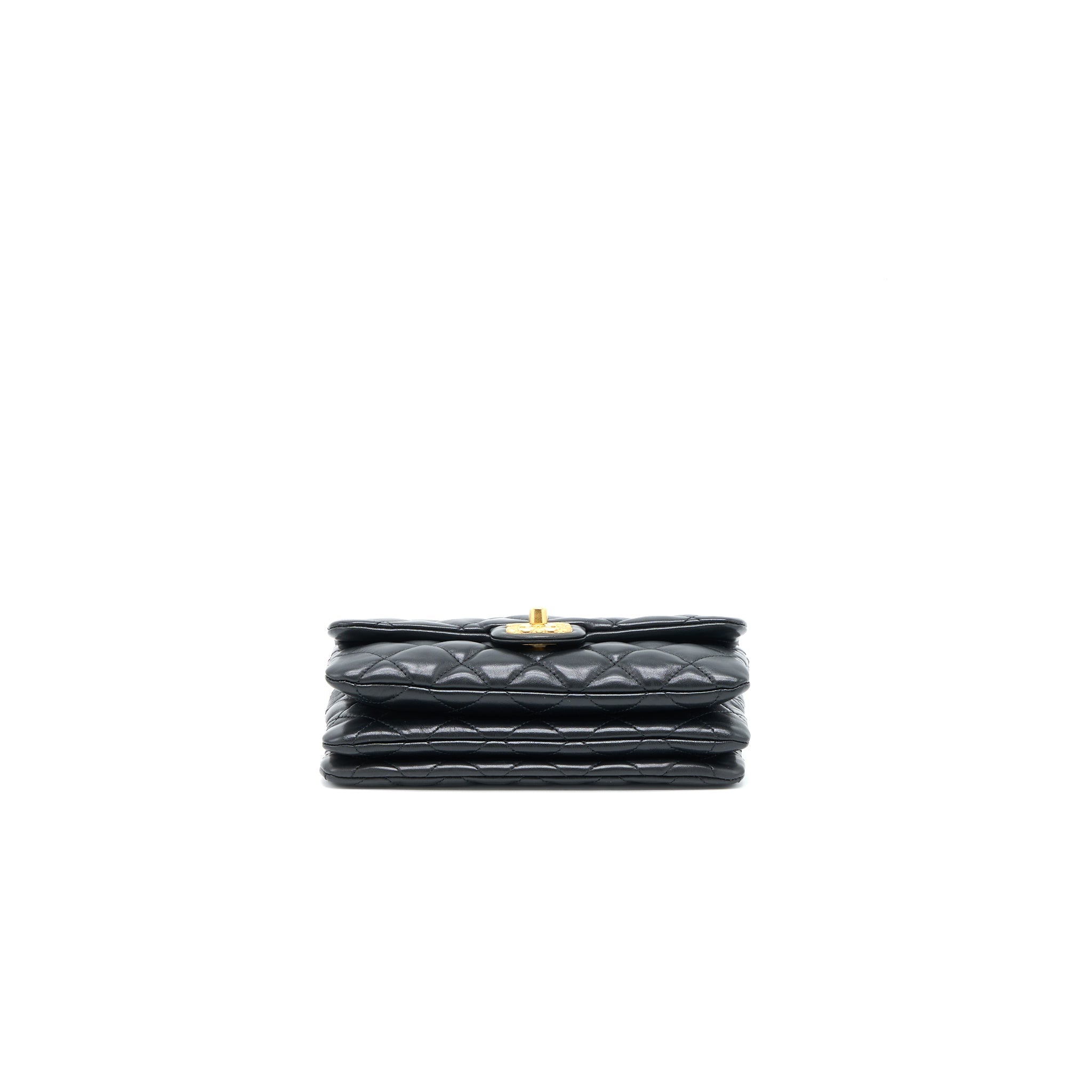 CHANEL 22K GOLD PILLAR ADJUSTABLE CHAIN FLAP BAG LAMBSKIN BLACK BRUSHED GHW (MICROCHIP)