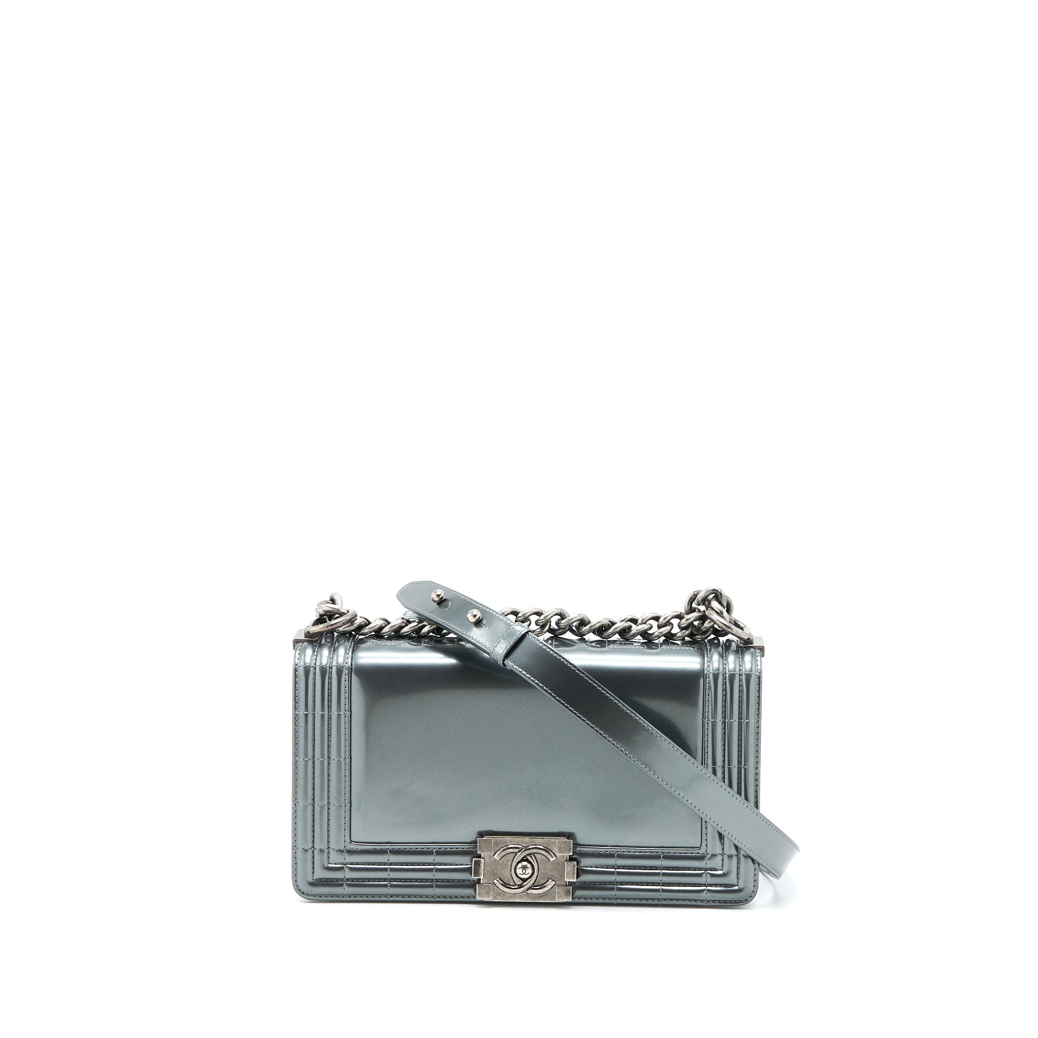 CHANEL MEDIUM BOY BAG PATENT GREY RUTHENIUM SHW