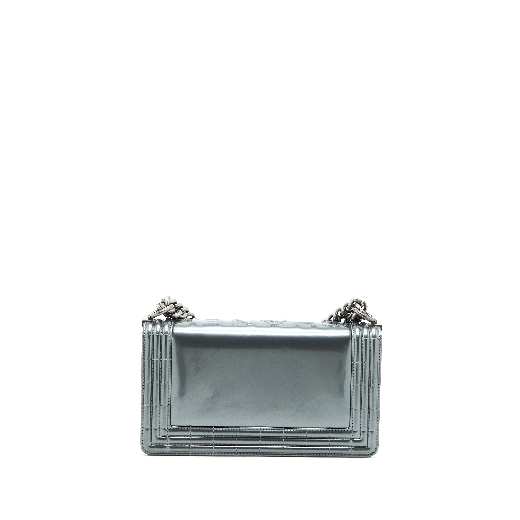 CHANEL MEDIUM BOY BAG PATENT GREY RUTHENIUM SHW