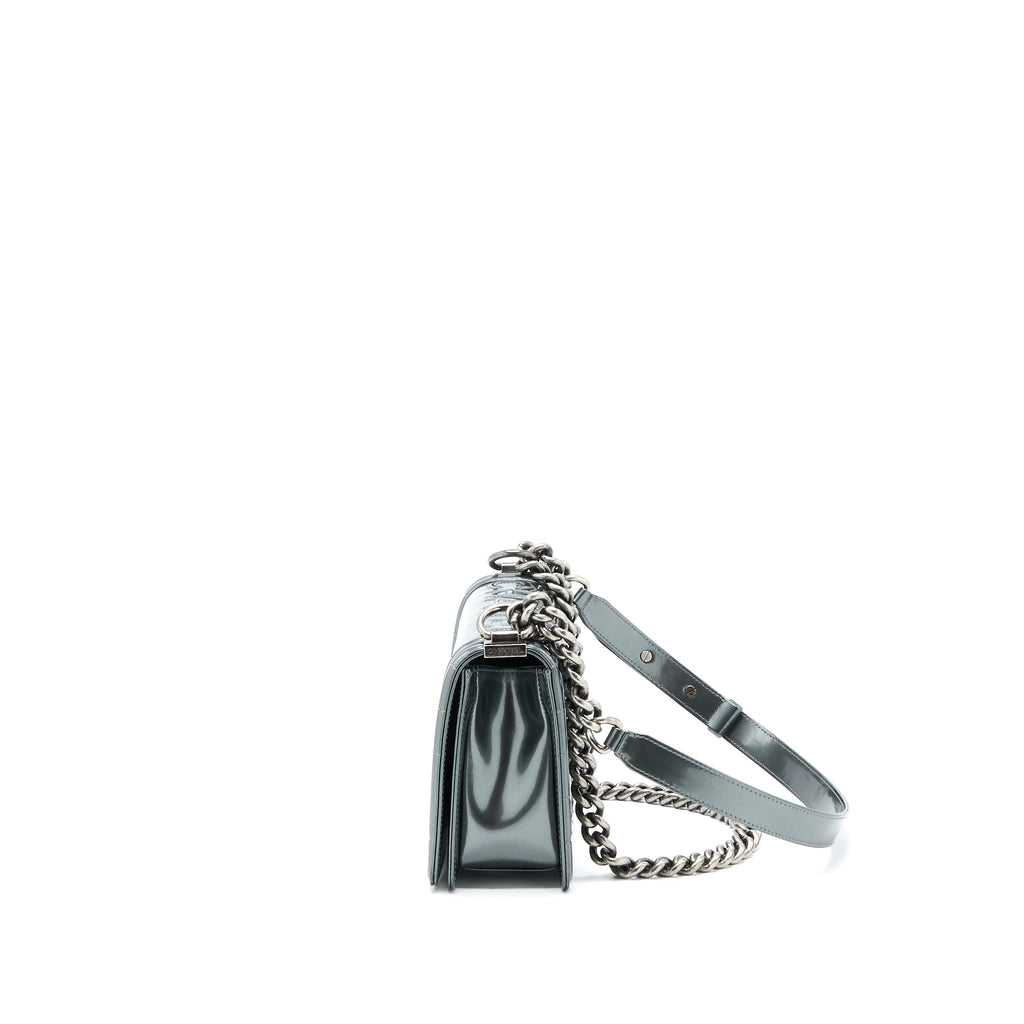 CHANEL MEDIUM BOY BAG PATENT GREY RUTHENIUM SHW