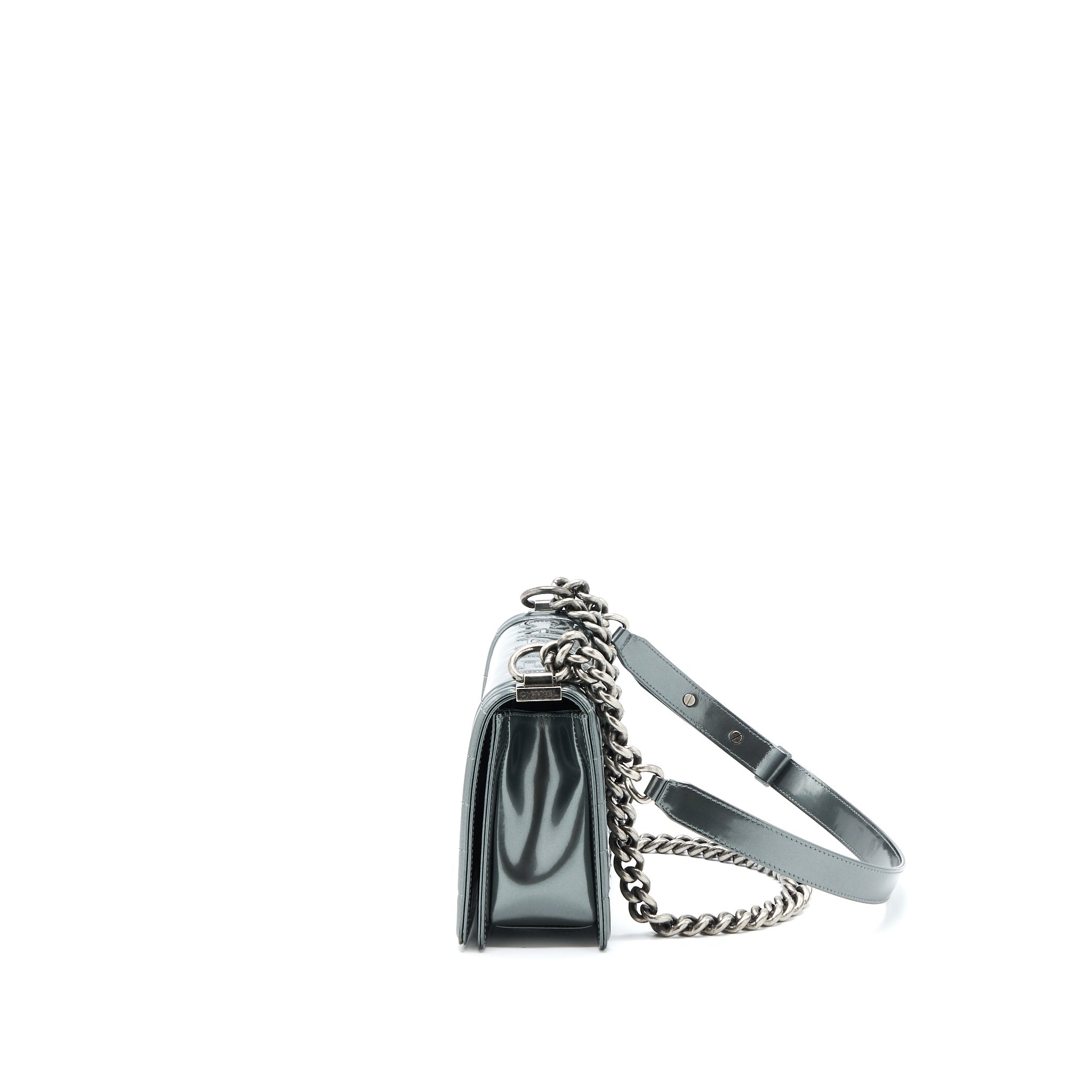 CHANEL MEDIUM BOY BAG PATENT GREY RUTHENIUM SHW