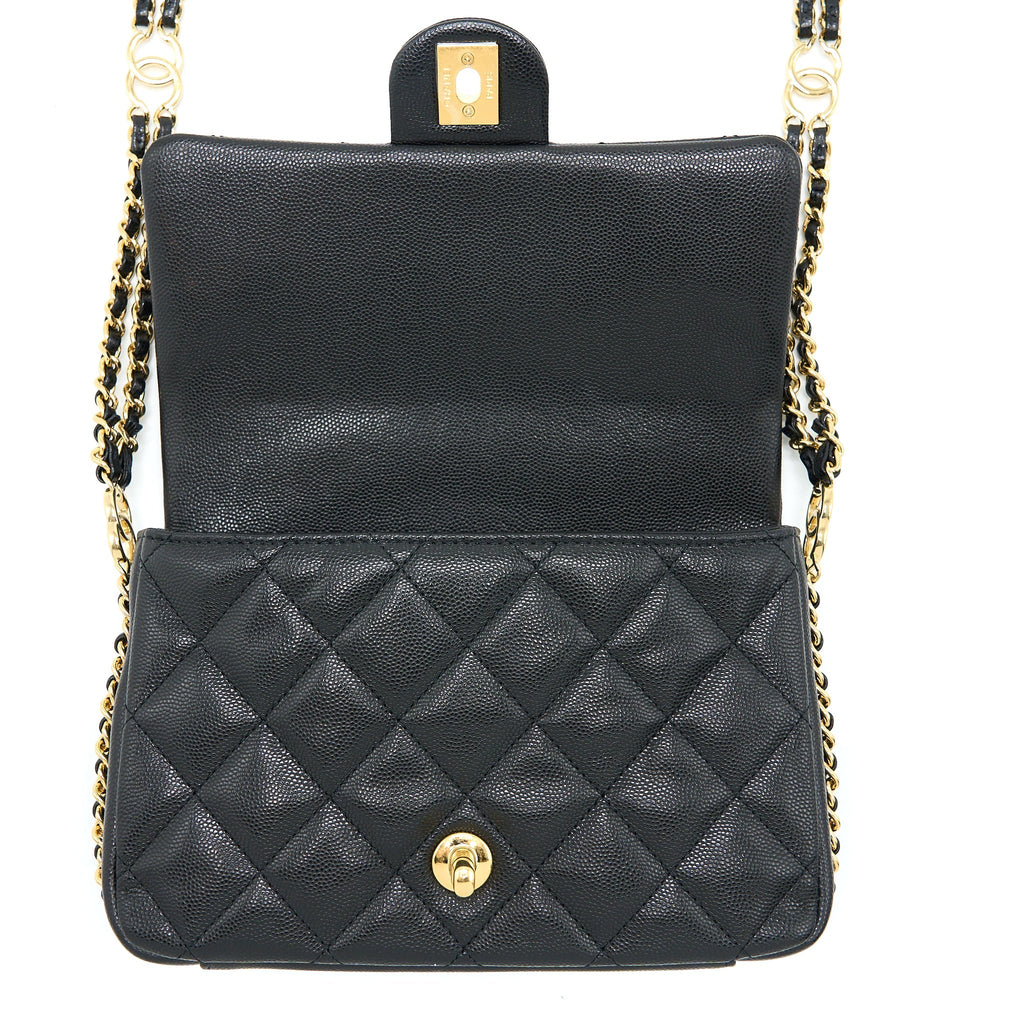 CHANEL 23C MINI FLAP BAG WITH CC LOGO CHAIN GRAINED CALFSKIN BLACK GHW (MICROCHIP)